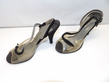 Vintage 1940/50's Society Debs Peep Toe Sling Back Heels with Clear Vinyl & Black Suede