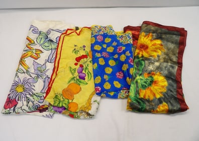 Lot of 4 Vintage Silk Scarfs with Fruit & Flowers