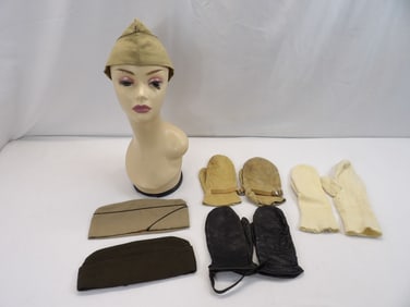Lot of Military Accessories, 3 Pair Mittens & 3 Caps