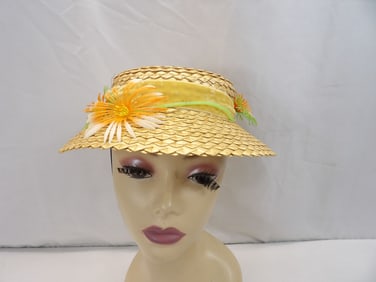 Vintage Straw Mushroom Style Beach Hat with Plastic Flowers