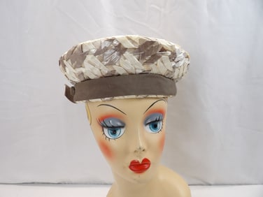 Vintage 1960's Woven Raffia Brown & White Pill Box Style Hat