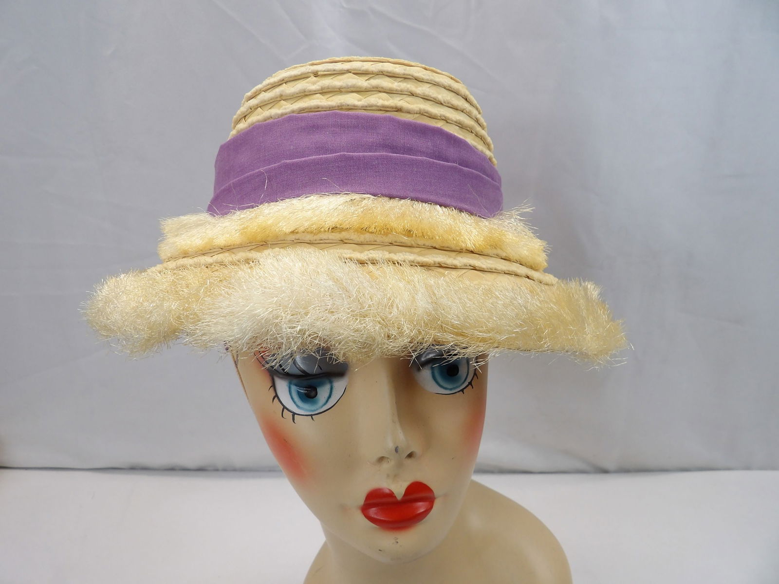 Vintage Made in Italy Straw Beach Basket Hat with Purple Bow (1 of 6)