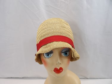 Vintage 1920's Straw Cloche with Red Ribbon