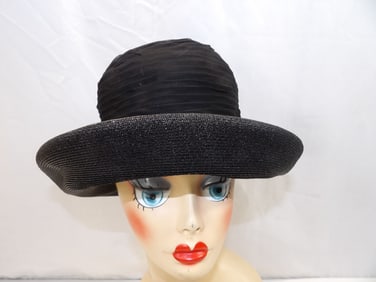 Vintage 1950's Adele Claire Black Silk Pleated Hat with Woven Rim