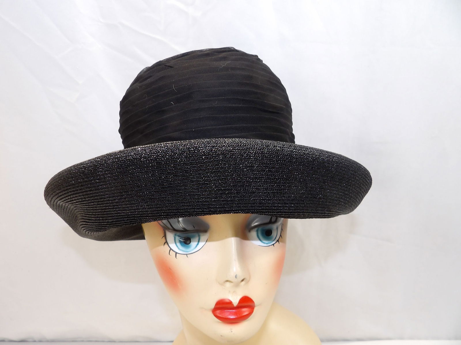 Vintage 1950's Adele Claire Black Silk Pleated Hat with Woven Rim (1 of 8)