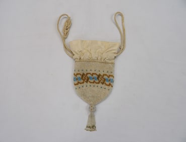 Antique Drawstring Beaded Bag with Tassel & Silk