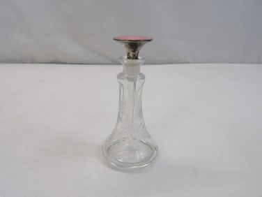 Antique Clear Etched Glass Perfume Bottle with Sterling & Enamel Stopper