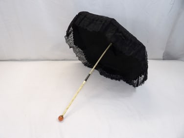 Antique Black French Lace Bebe Parasol with Bone Handle