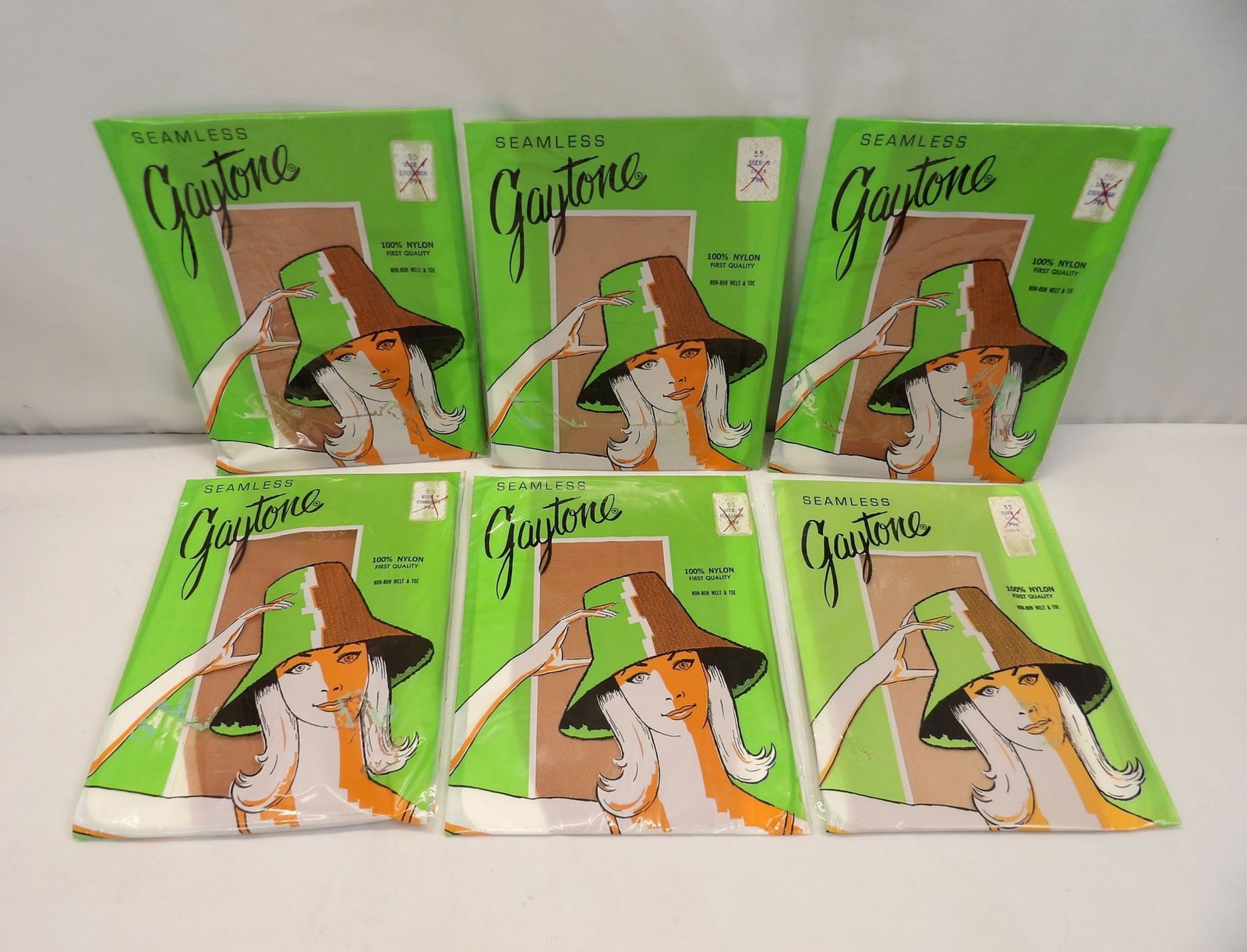 Lot of 6 Pair Vintage 1960/70's Old Store Stock Gaytone Seamless Stockings, size 9 (1 of 2)