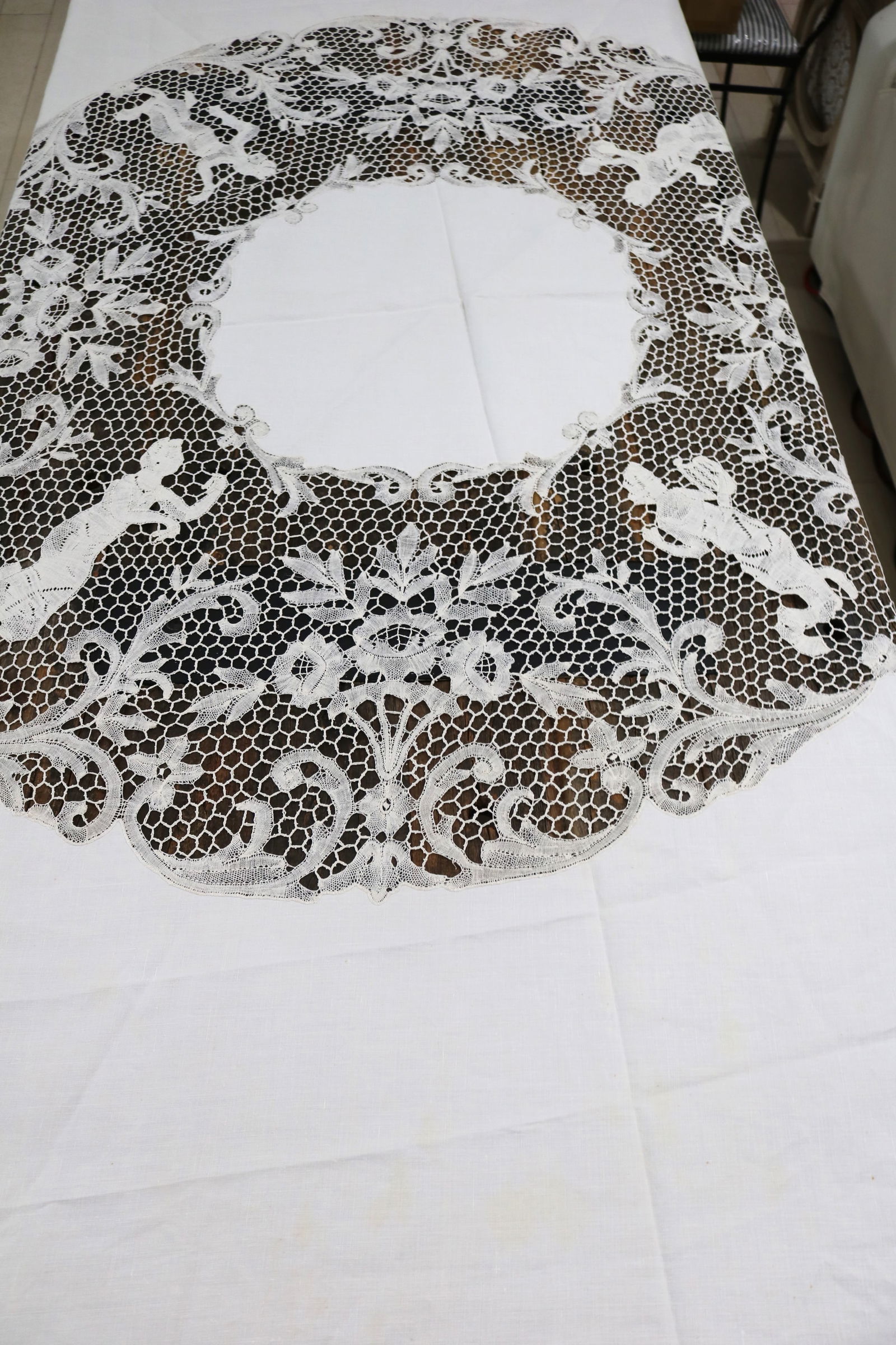 Antique Round Banquet Size Mixed Lace & Linen Tablecloth with Cherubs (1 of 16)