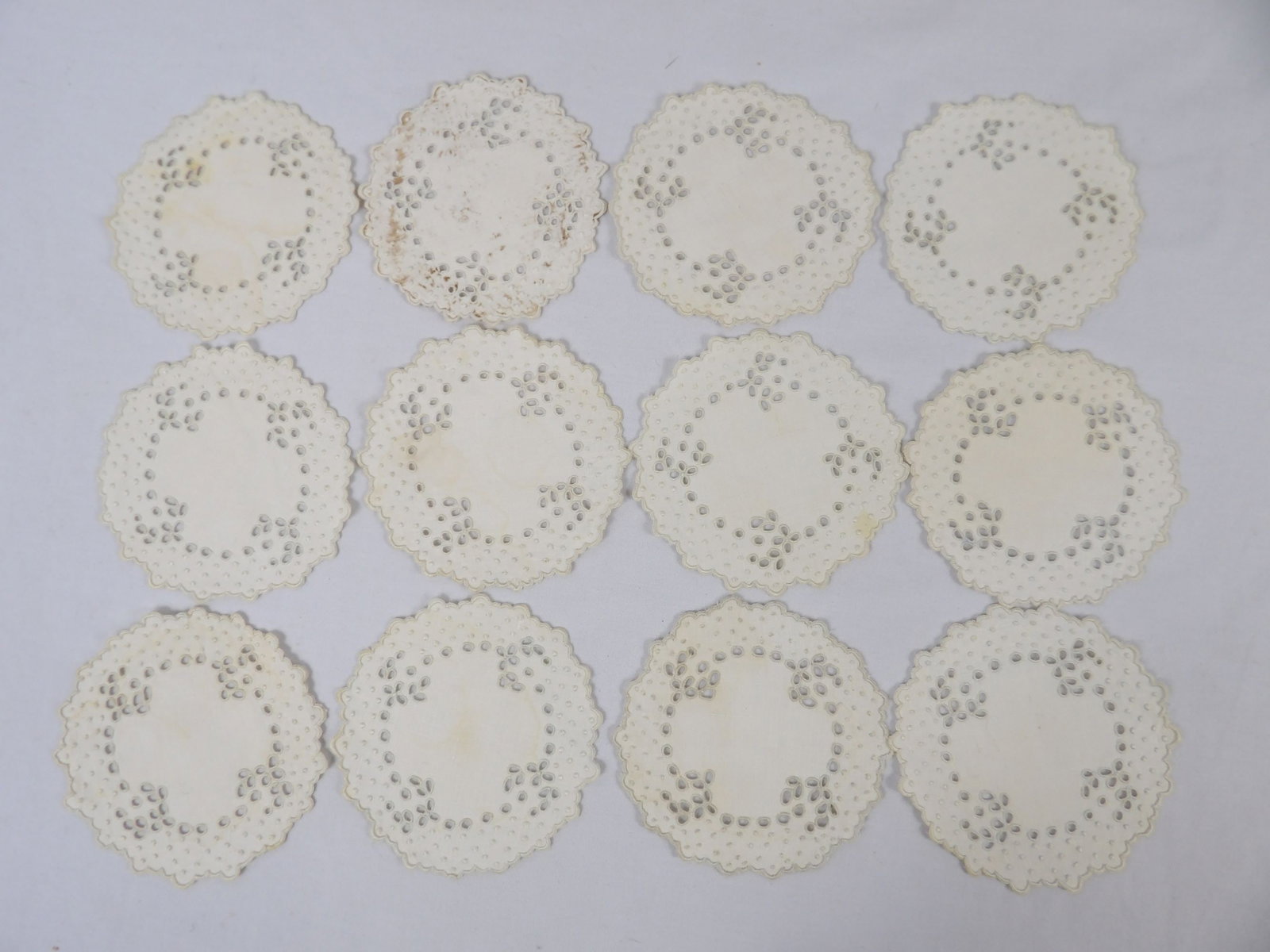 Lot of Old Store Stock Vintage Round Eyelet Embroidered Coasters: approx. 4 inches, in original box, see photo's