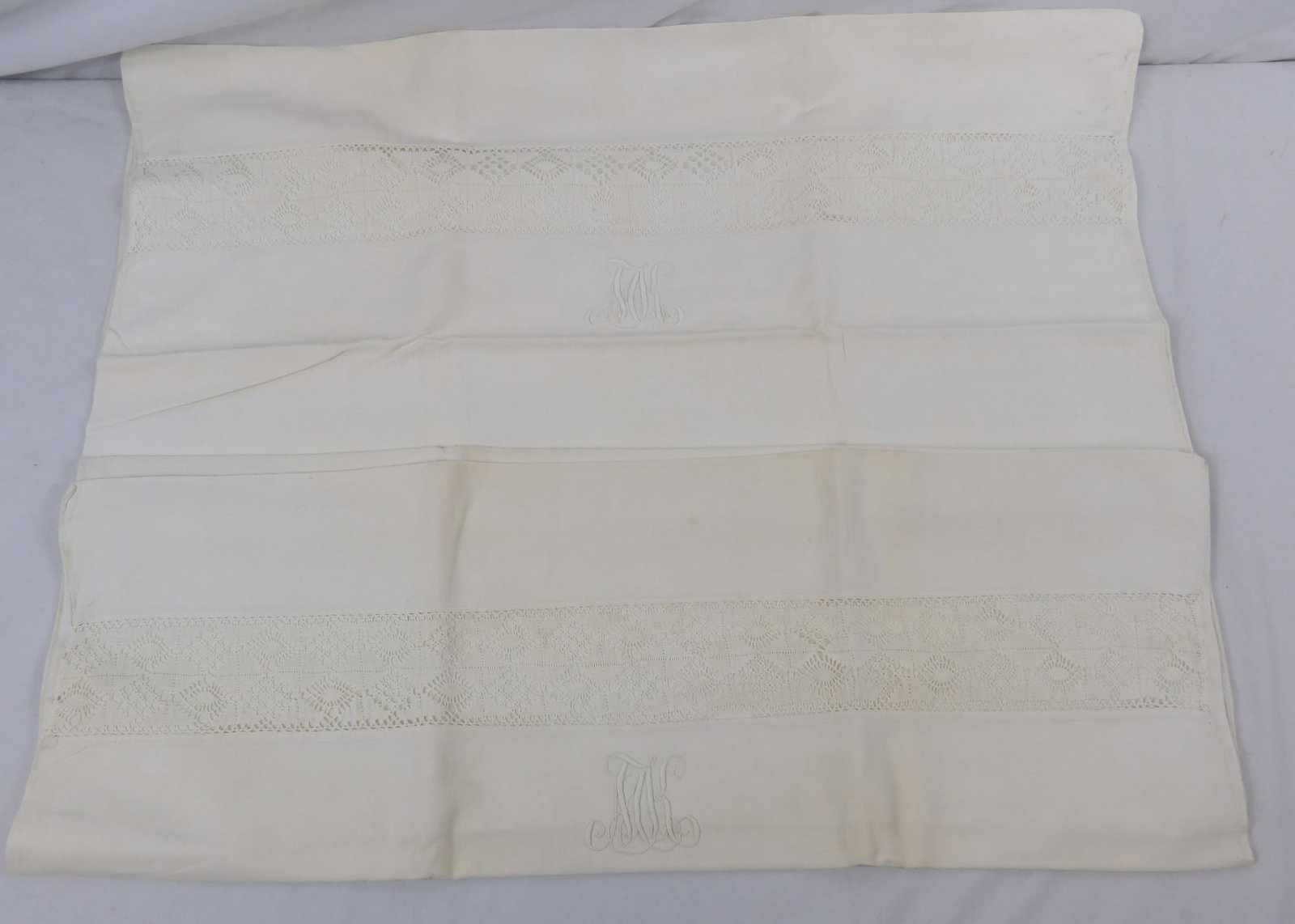 Vintage European Linen Pillow Shams with Lace & Monogram "MK" (1 of 5)