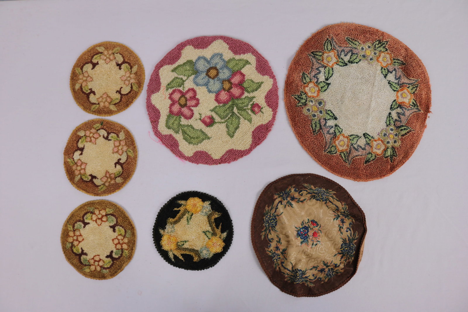 Lot of 7 Vintage Round Hooked Tapestry Like Doilies (1 of 4)
