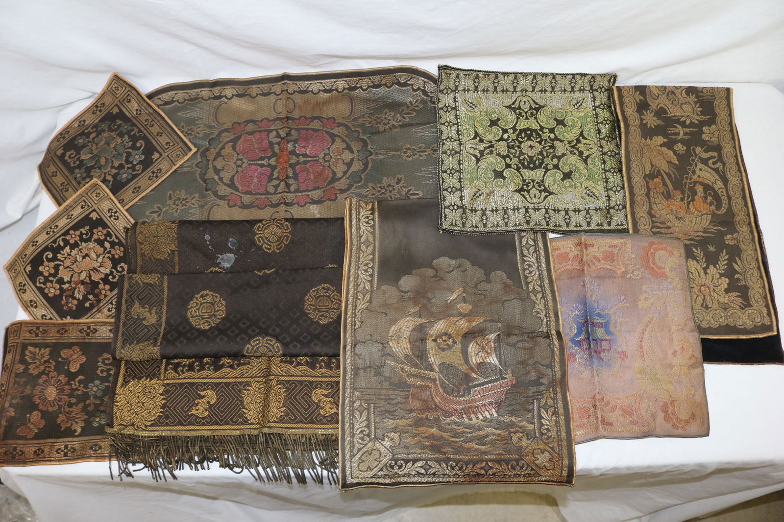 Lot of 8 Antique Tapestry Runners & Square Doilies, Some Asian (1 of 11)