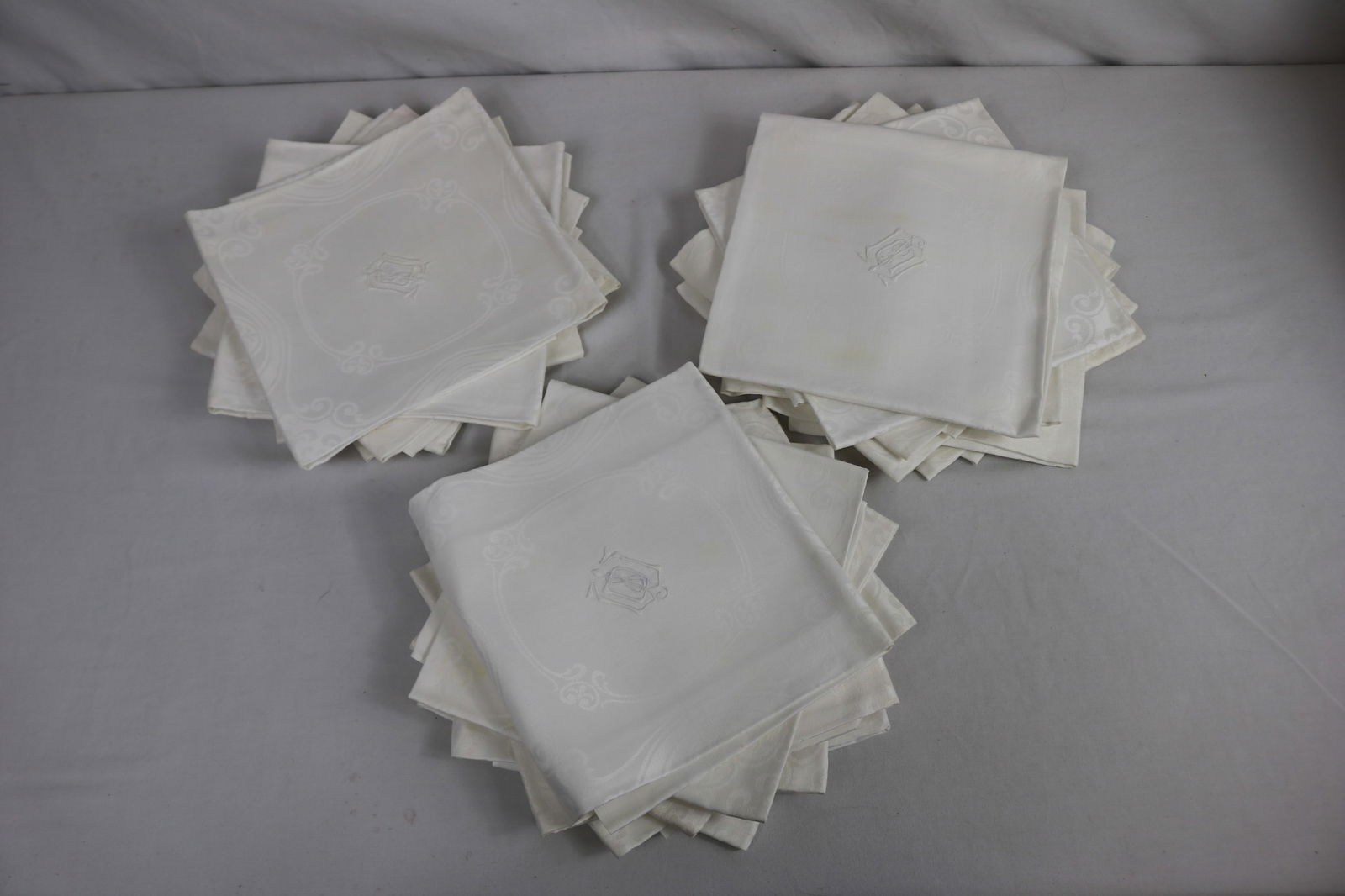 Lot of 2 Sets of 12 Each Vintage Damask Napkins/Lapkins with Monogram: approx. 24 x 24, some yellow spots, at least 1 with hole, see photo's