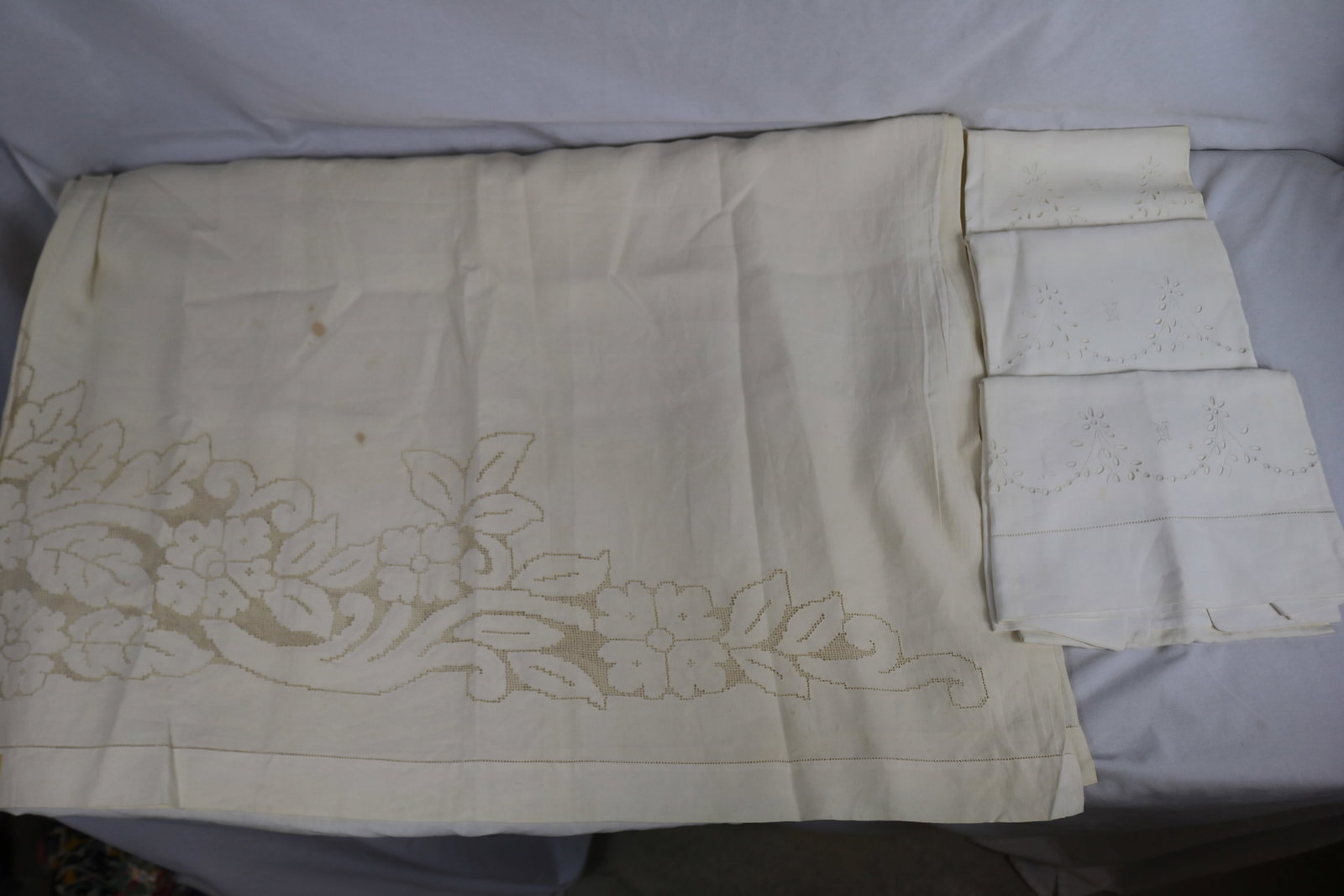 Set of 3 Vintage White "N" Monogrammed Pillow Cases & Punch Work Sheet: see photo's