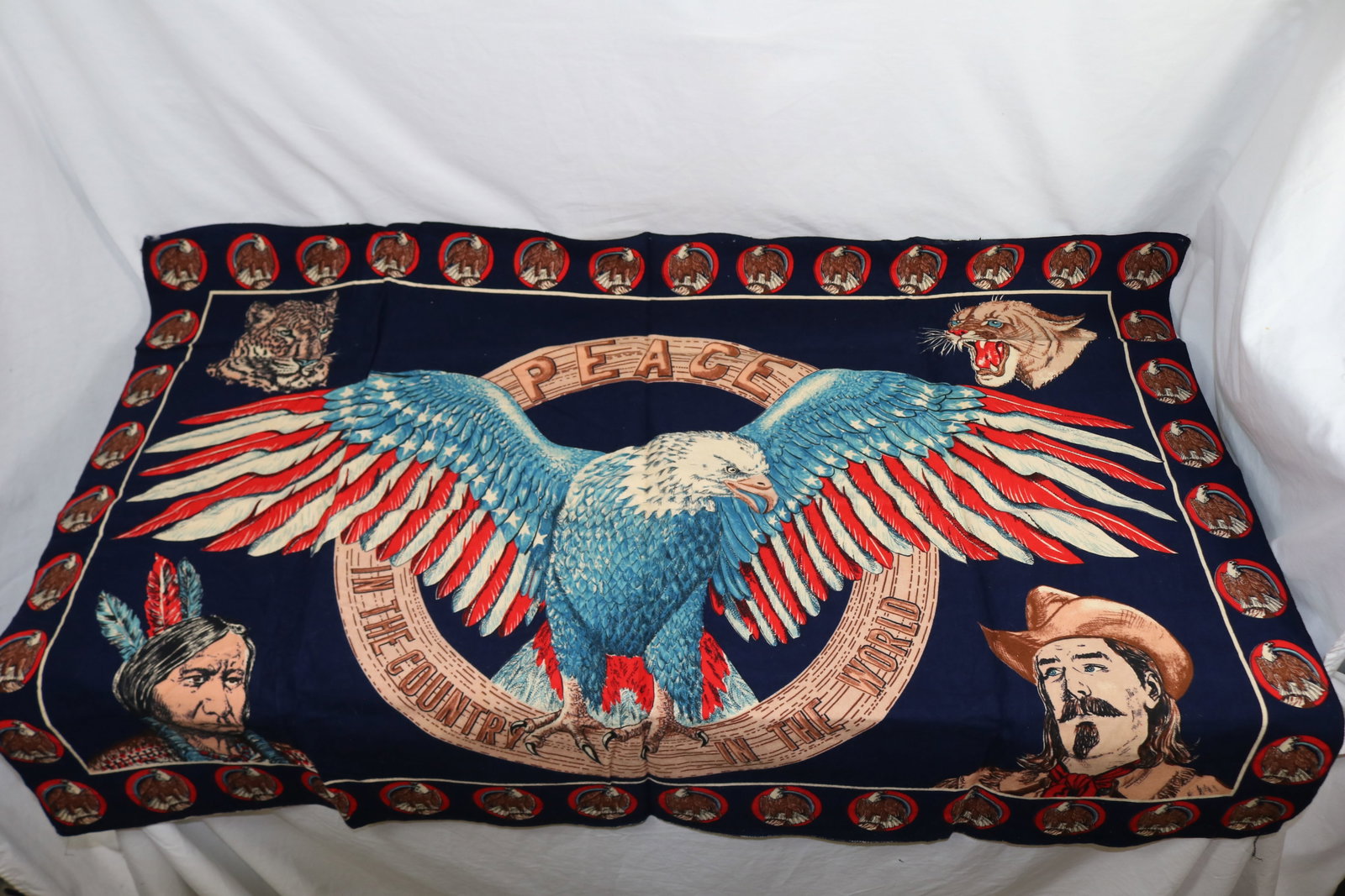Vintage Felt Wall Hanging With Eagle, Indian & Cowboy, "Peace in The World" (1 of 11)