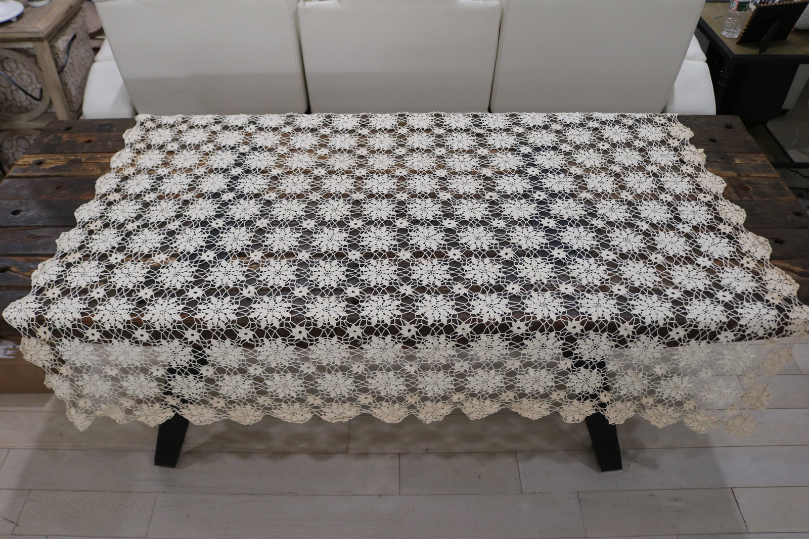 Vintage Hand Crochet Flower Pattern Tablecloth, 2 Tone (1 of 8)