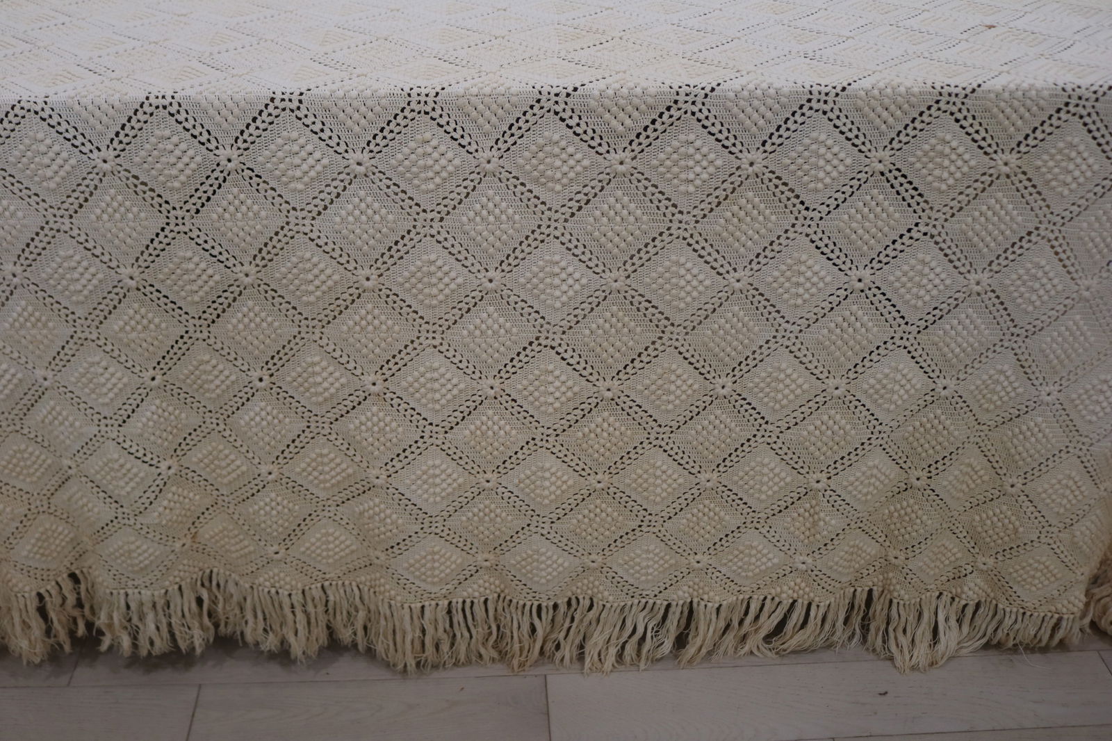 Large White Hand Crochet Diamond Popcorn Pattern Bedspread with Fringe (1 of 5)