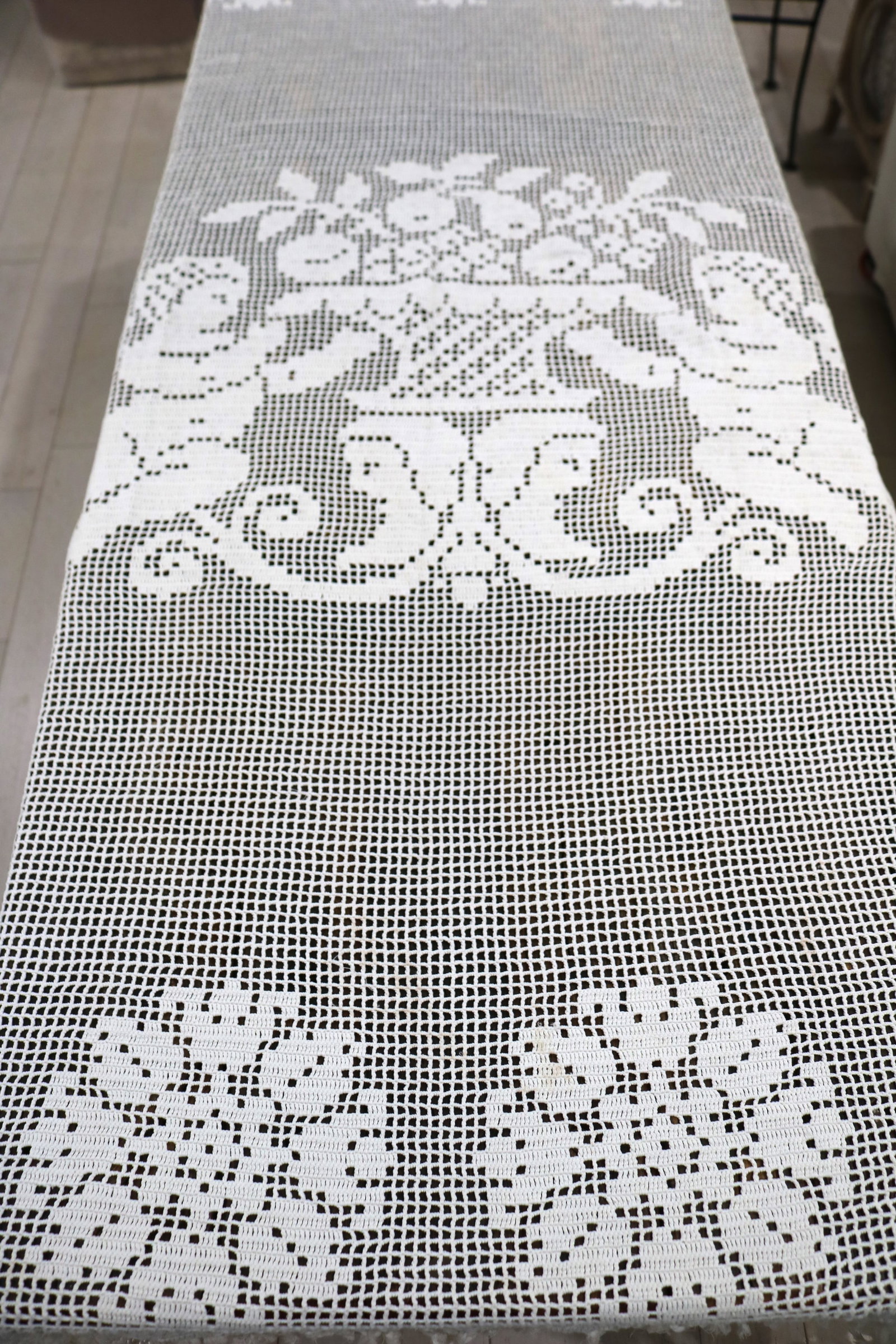 Vintage White Floral Cherub Pattern Hand Crochet Bedspread with Tassel Fringe (1 of 6)