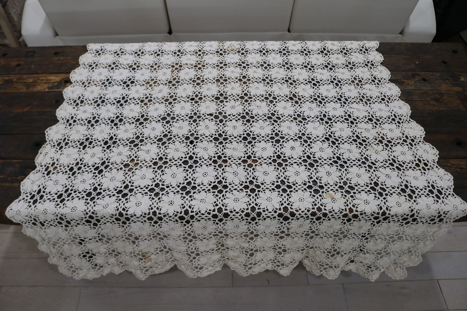 Vintage Hand Crochet Luncheon Tablecloth/Table Topper: approx. 54 x 54, some stains, see photo's