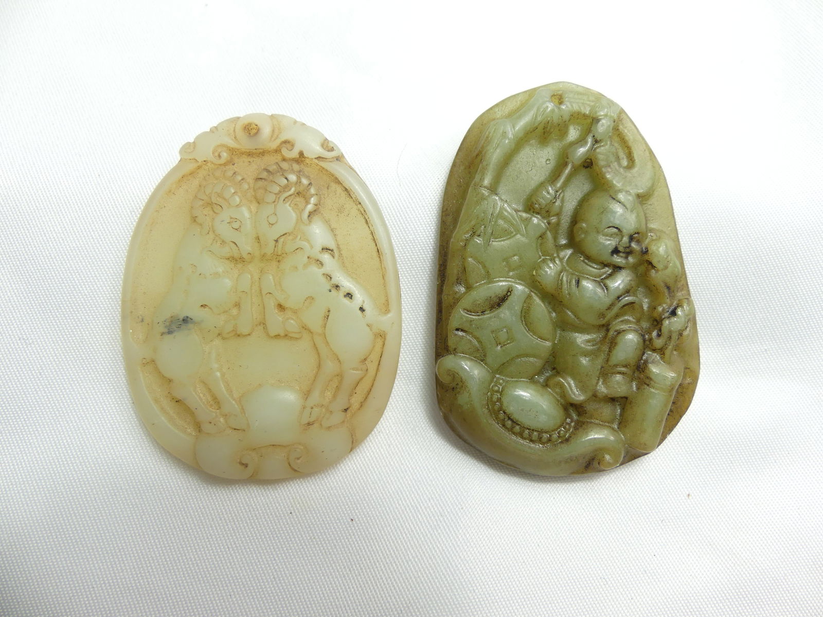 Lot of 2 Hand Carved Chinese Jade Pendants, White Rams, Green Buddha (1 of 2)