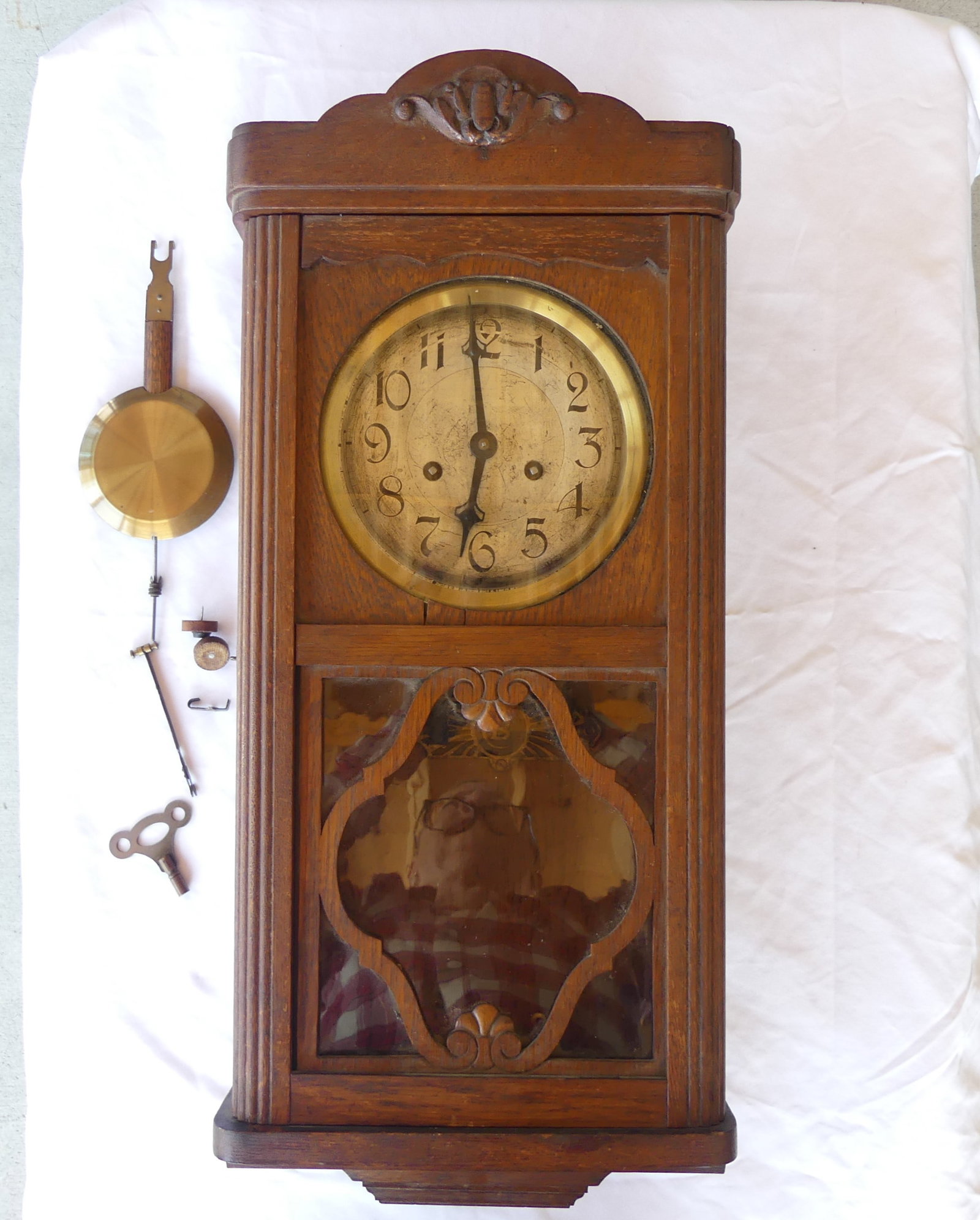 Antique Oak Wall Clock Marked with "B" Cast Iron Plate inside (1 of 13)