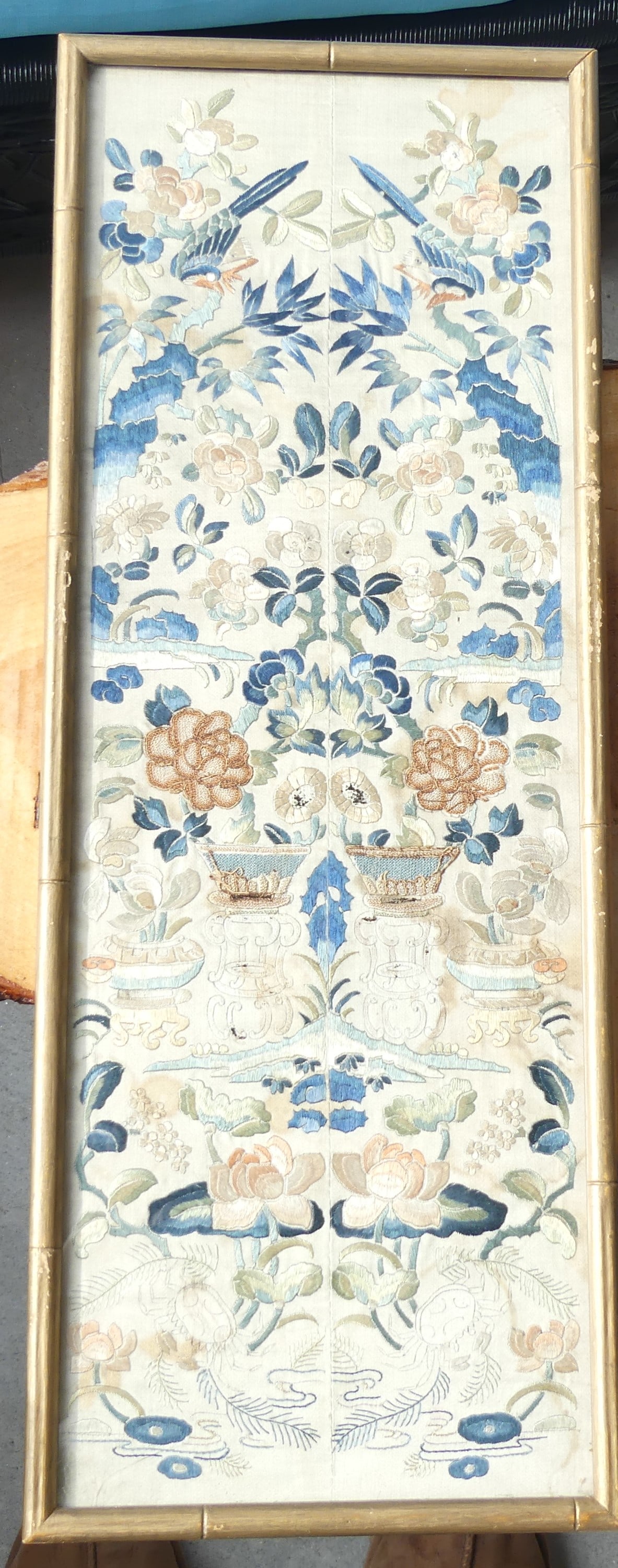 Antique Chinese Silk Embroidery Badge in Frame: approx. 21 3/4 x 8, some water marks, see photo's