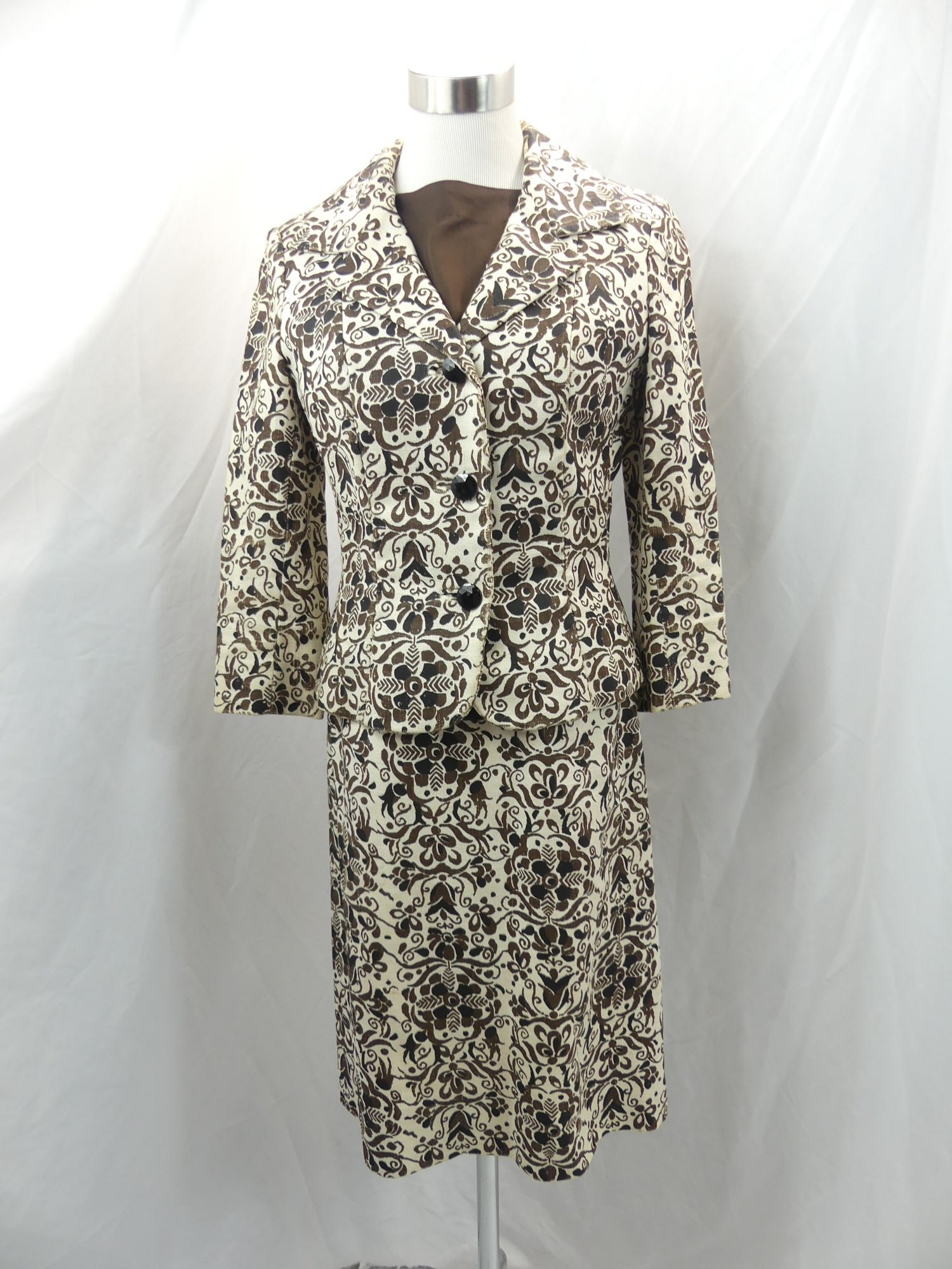 Vintage 1960's Lord & Taylor  Brown Floral Linen Skirt, Top & Jacket Set (1 of 15)