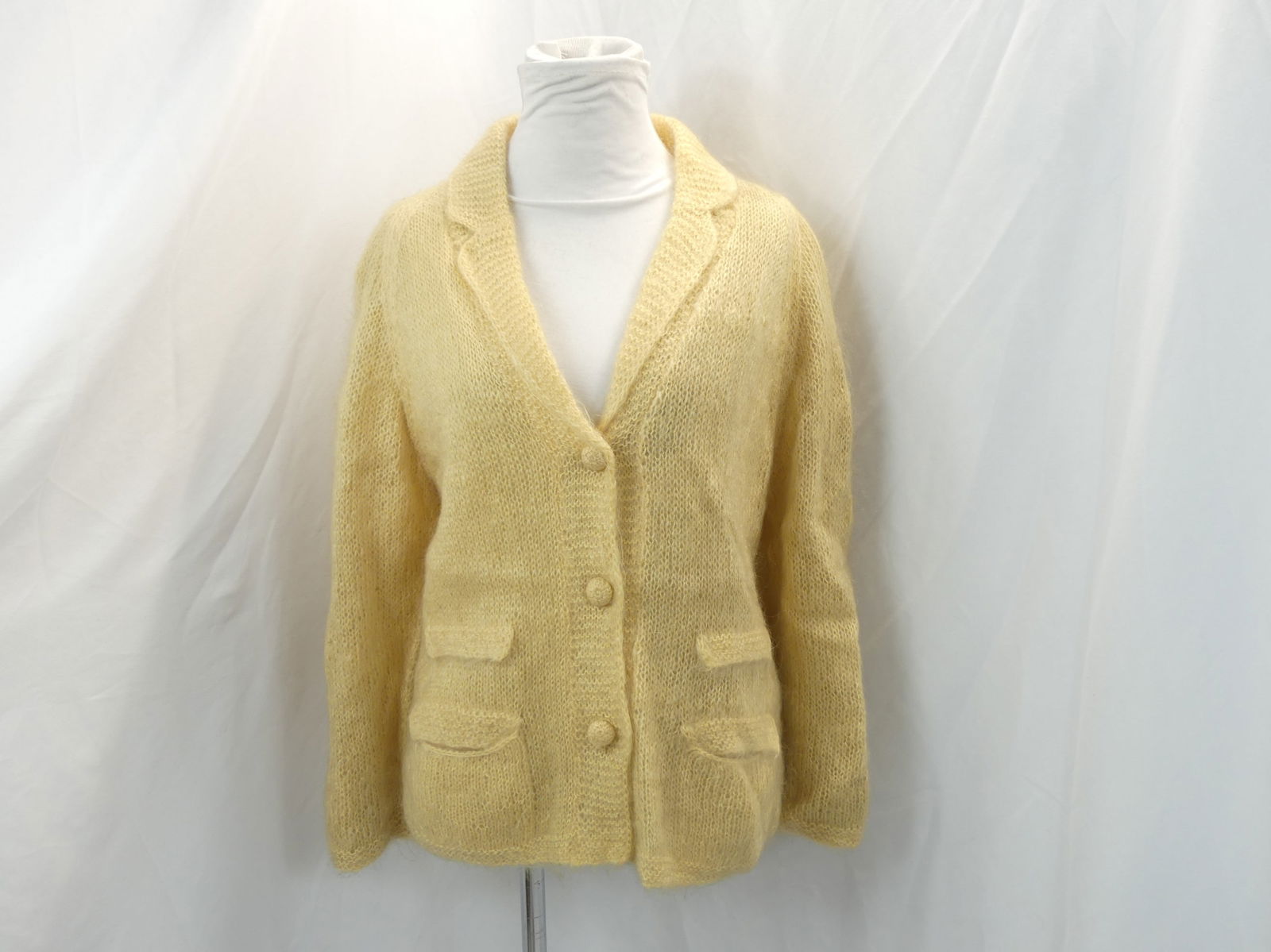 Vintage 1950's Cyn Len Wool Blend Beige Cardigan Sweater: approx. 36 bust & waist, some holes and stains inside lining,