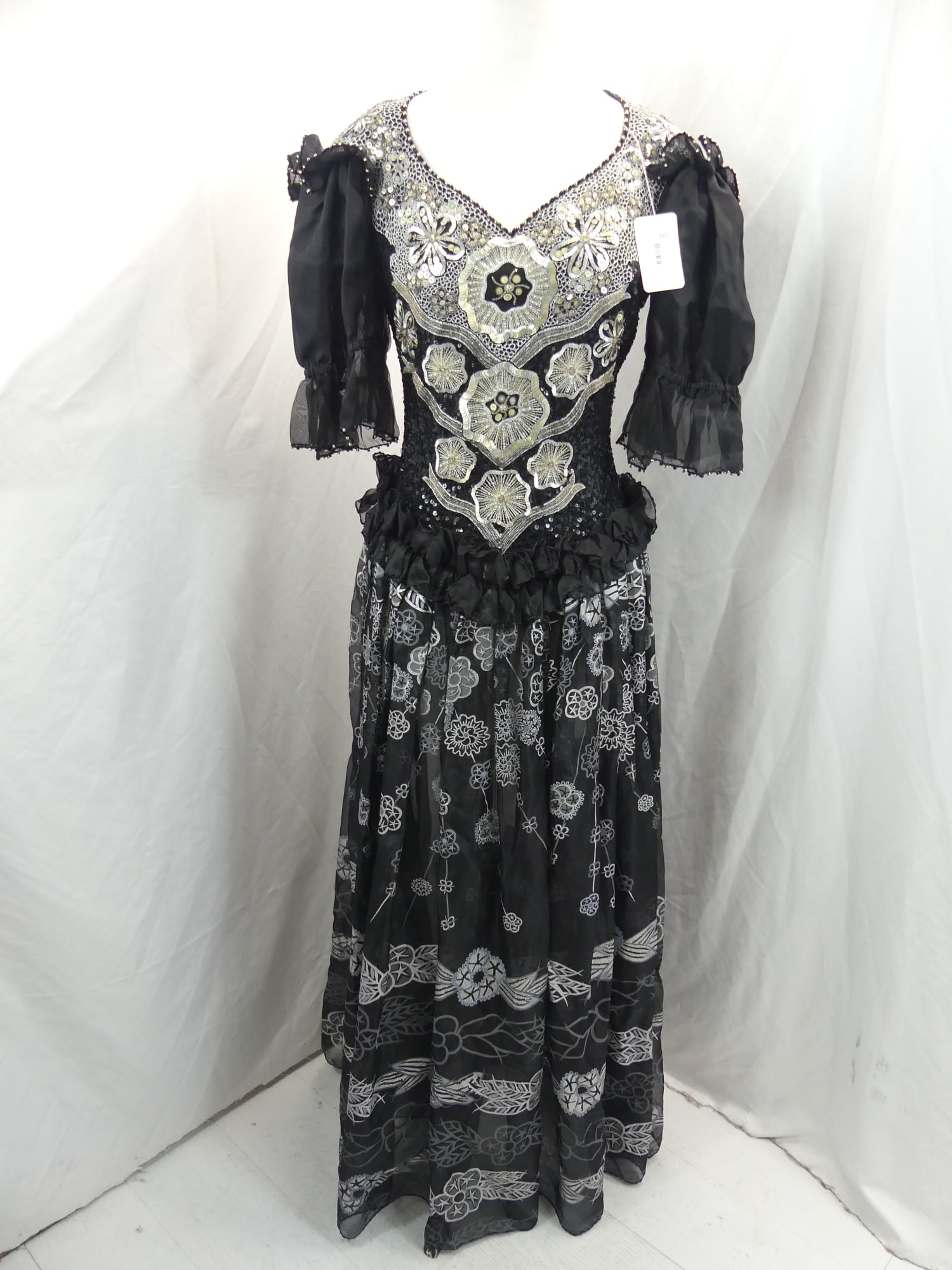 Vintage 1980's Zandra Rhodes London Black Silk Party Dress with Painted Skirt, Sequin & Silver (1 of 6)