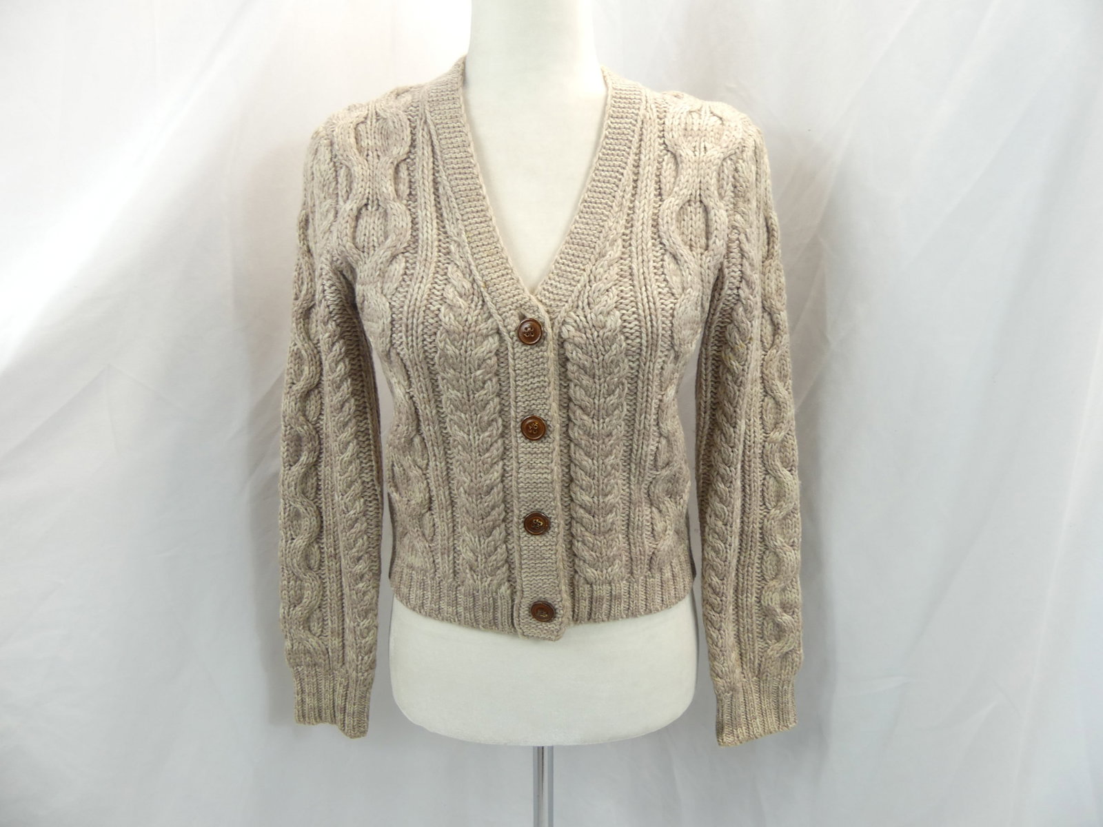 Vintage 1970's Light Brown Knit Cardigan Sweater: approx. 34-40 bust, 30-38 waist, slight under arm discoloration on left, see photo's