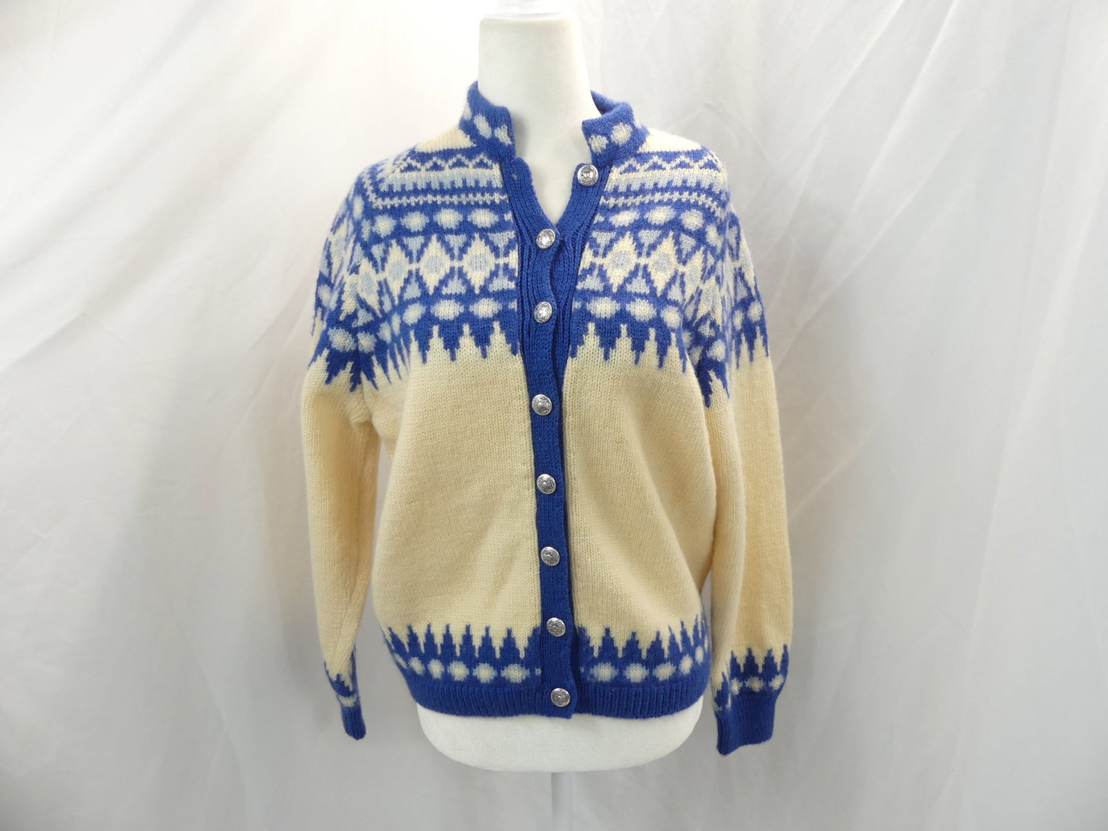 Vintage 1970's Viking Knit, Norway blue & white wool cardigan sweater (1 of 6)