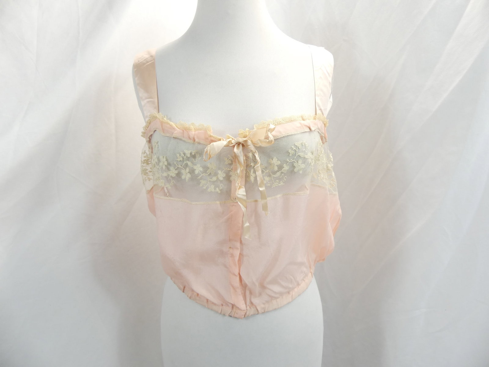 Vintage 1920-30's Pink Silk & Lace Camisole: approx. 36 adjustable bust, 34 waist. Has some staining, silk ribbon on sleeves is fraying & holes in lace, see photo's