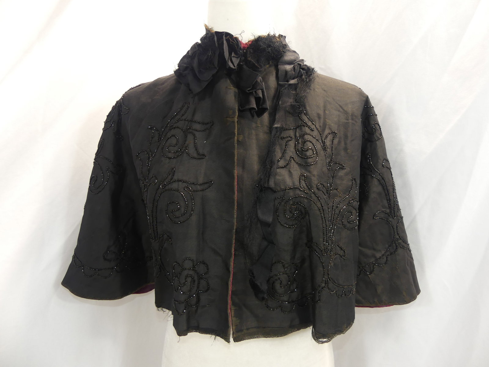 Antique Black Beaded & Silk Cape: Has some fray to collar & other fray, see photo's