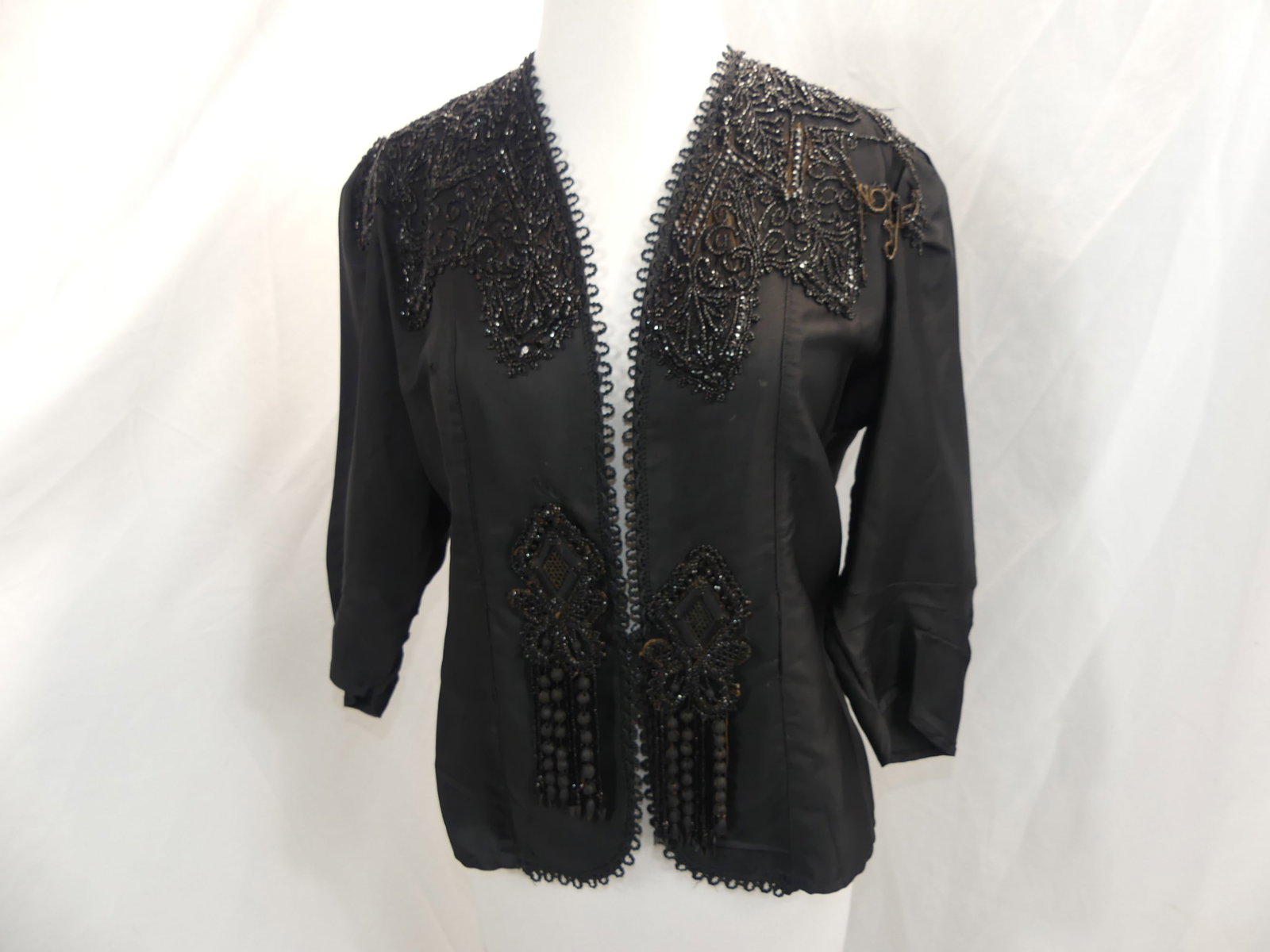Vintage 1920-30's Black Silk & Beaded Jacket: approx. 38 bust, 32 waist. Has some missing beads, couple old small repairs, see photo's