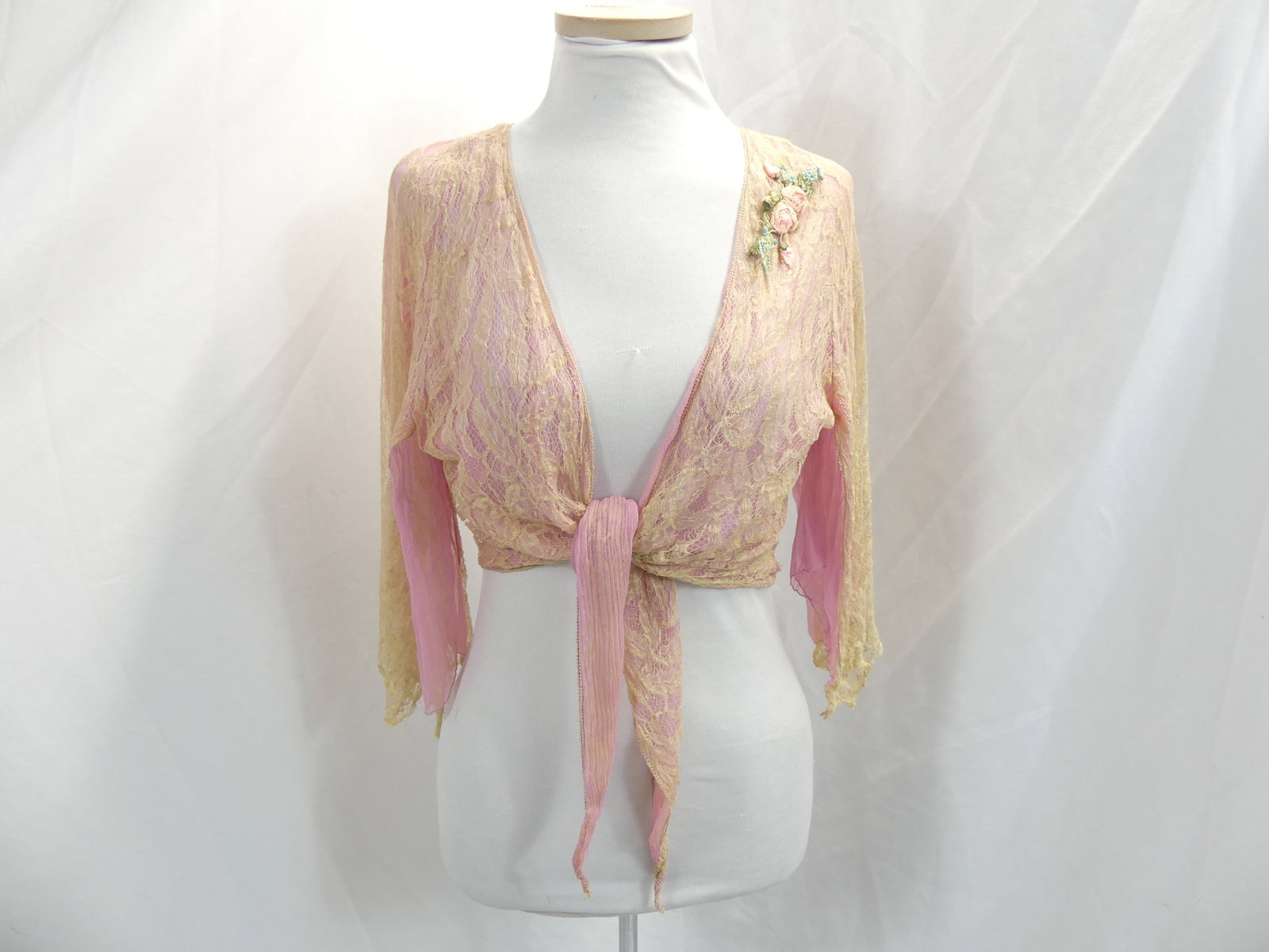 Vintage 1930's Pink & Lace Crop Jacket with Silk Flowers: Has an adjustable size tie front. There are some holes in lace & tiny holes in silk. See photo's