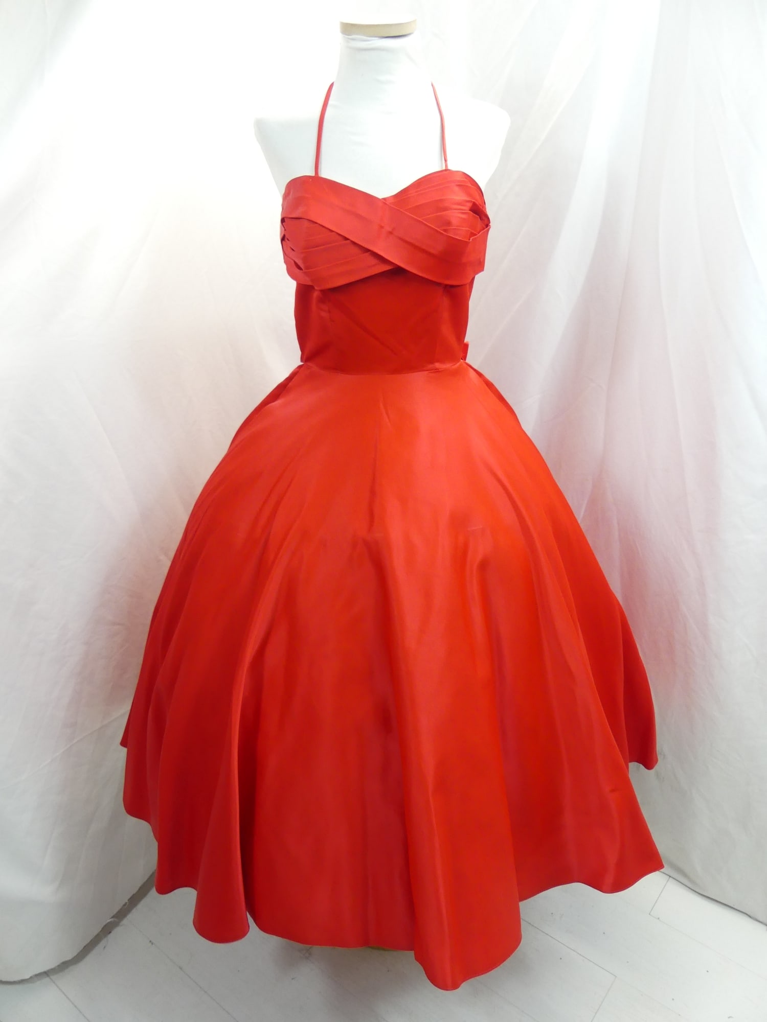 Vintage 1950's Red Halter Spaghetti Strap Sweetheart Bodice Party Dress: approx. 30 bust, 22 waist. Appears that it was let out or something was removed showing stitch marks in the back, has a couple of small spots, needs seam repair & has a couple of little holes under th