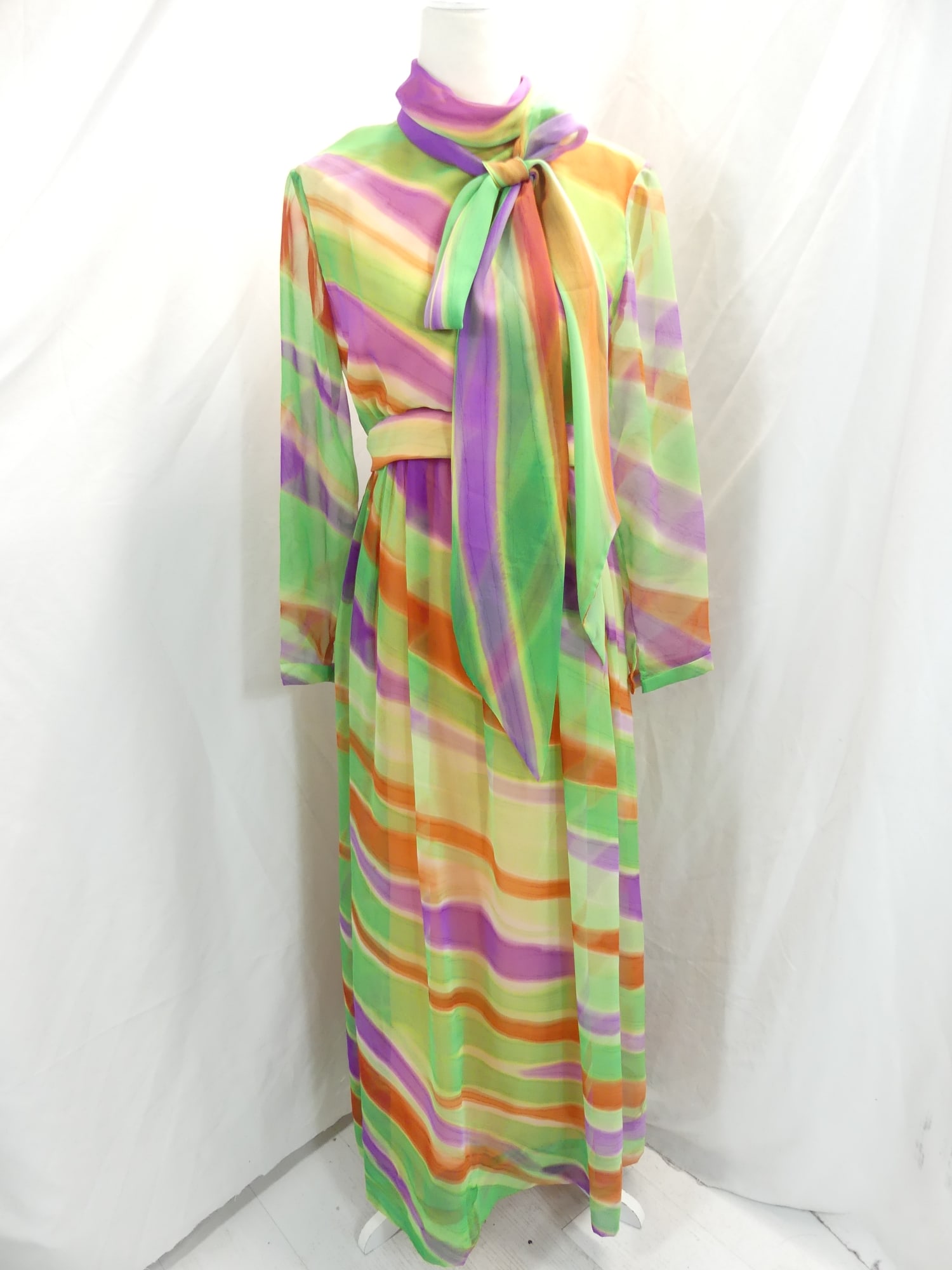 Vintage 1970's Lillie Rubin Orange, Green & Purple Striped Chiffon Gown with Pussy Bow Scarf: approx. 36 bust, 30 waist. Is in good condition, see photo's