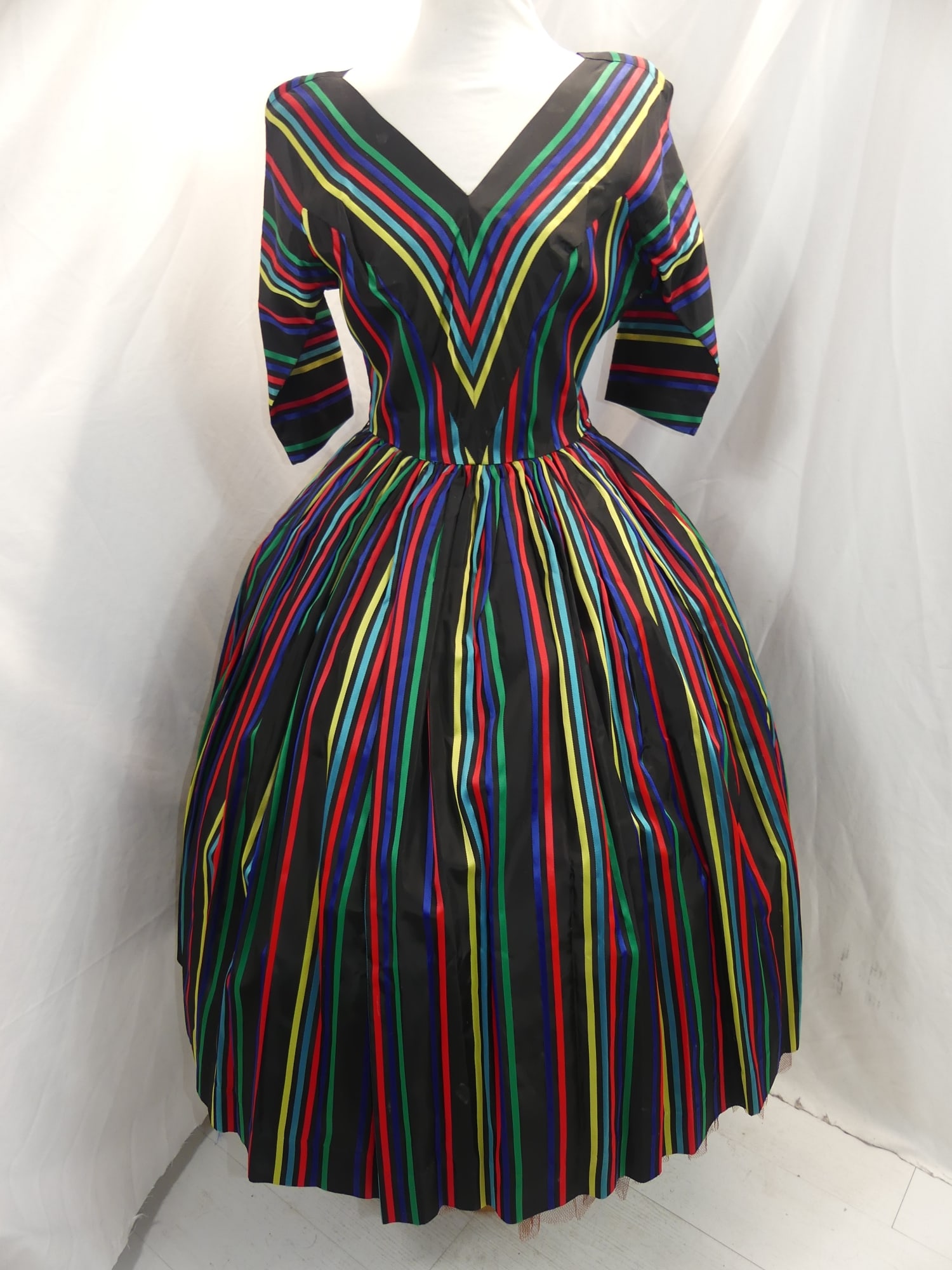 Vintage 1940's Topper Formals Striped Taffeta Party Dress: approx. 35 bust, 22 waist. A couple of white spots that could be water spots, see photo's