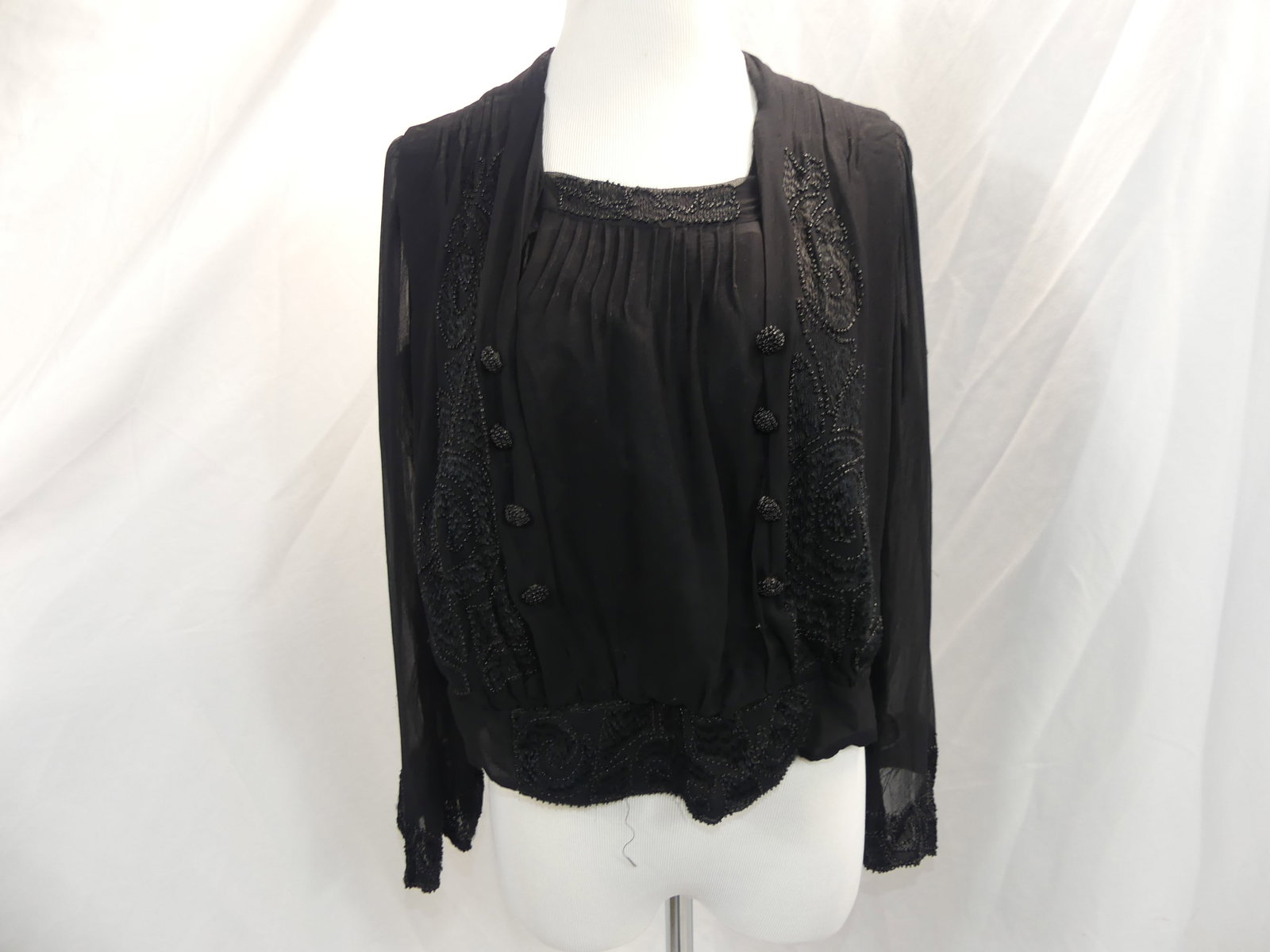 Antique 1800's Black Silk Blouse with Beading: approx. 38 bust, 36 waist. Has some small area's of fray toward the hem, see photo's