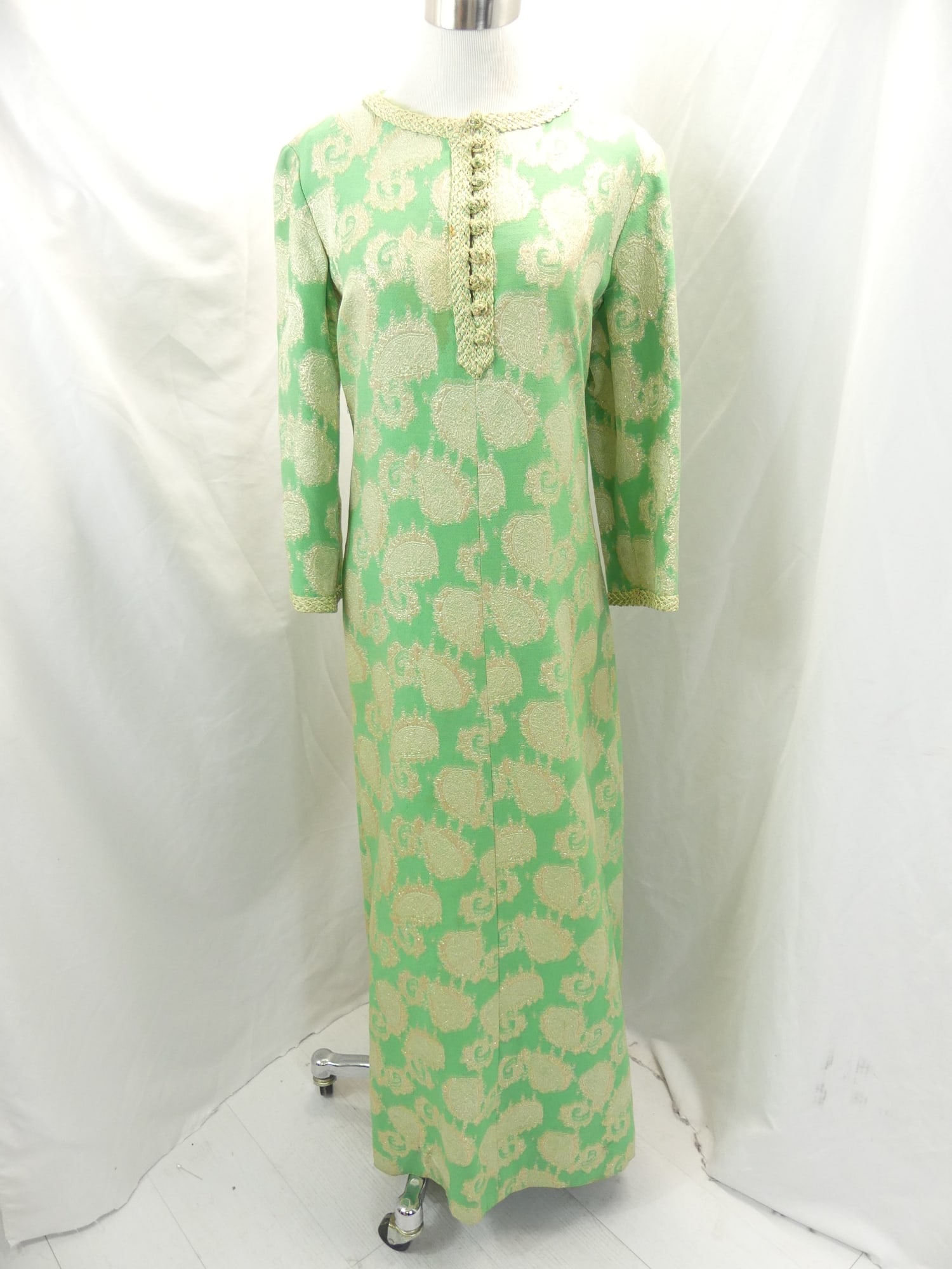 Vintage 1960's Green & Gold Brocade Caftan Gown: approx. 40 bust, 38 waist. Has some stains, silk fray on lining, see photo's