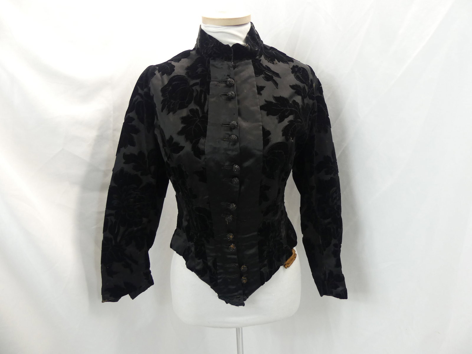 Antique 1800's Black Silk Cut Velvet Bodice/Jacket: approx. 30 bust, 24 waist. Some small holes, wear at cuffs & collar, buttons have missing beading, see photo's