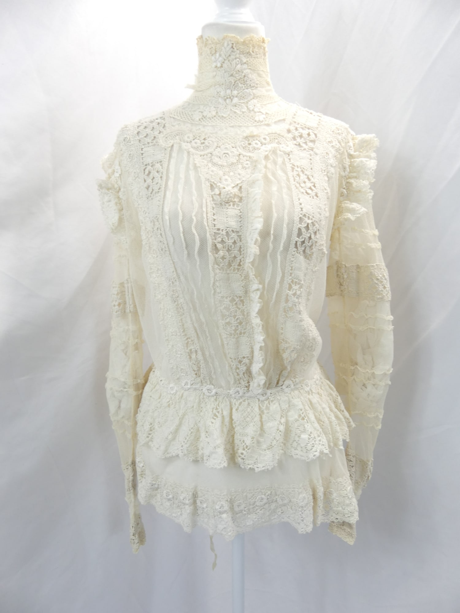 Antique 1800's White Lace Skirted Blouse: approx. 40 bust, 32 adjustable waist. In good condition, see photos