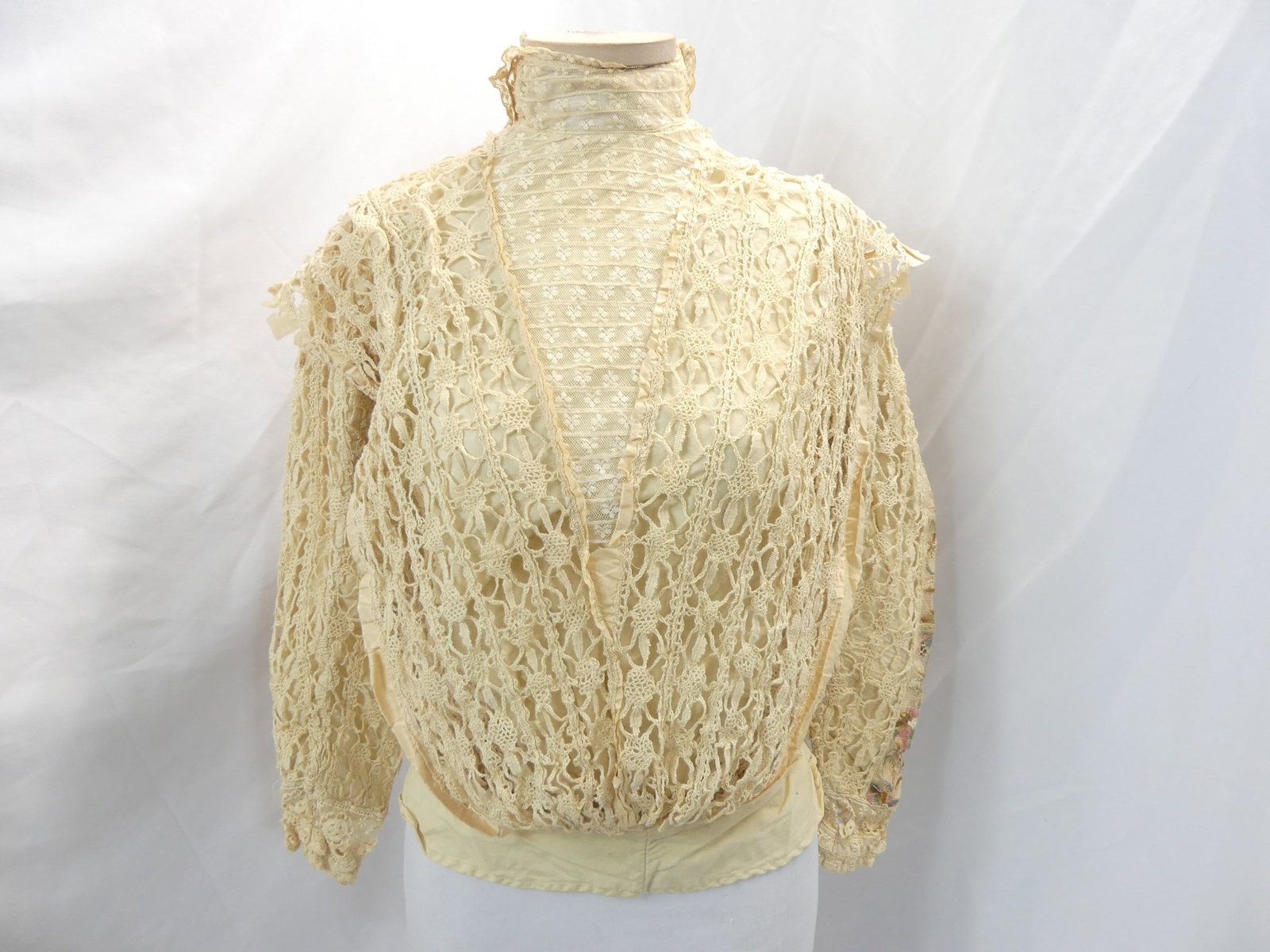Antique 1800's Ecru Lace Blouse with Colorful Floral Sleeves: approx. 30 bust, 25 waist. Silk trim has frayed, see photo's