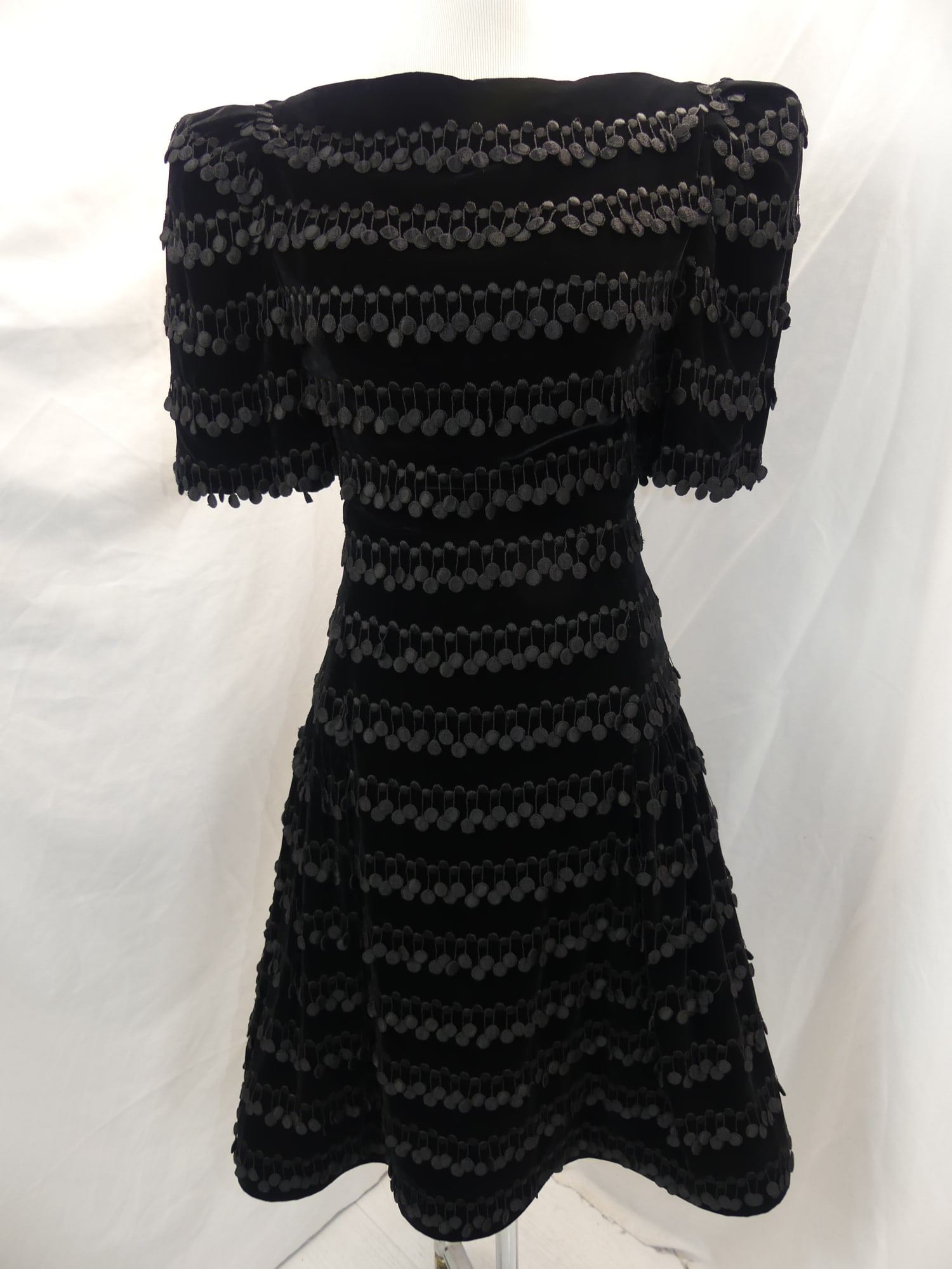 Vintage Arnold Scaasi Black Velvet Silk Dress with Tasseled Trim Throughout: approx. 32 bust, 26 waist. Shoulders have old seem repair otherwise in good condition, see photo's