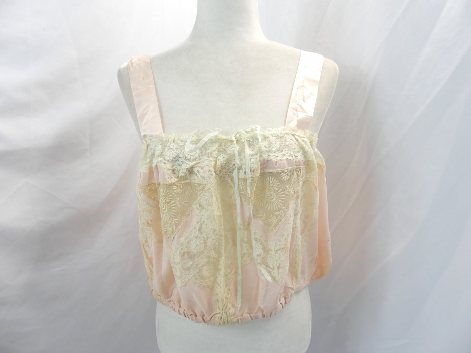 Vintage 1920's Pink Silk & Lace Camisole: approx. 36+ adjustable bust, 36 waist. Silk shoulder straps are frayed, some stains, see photo's