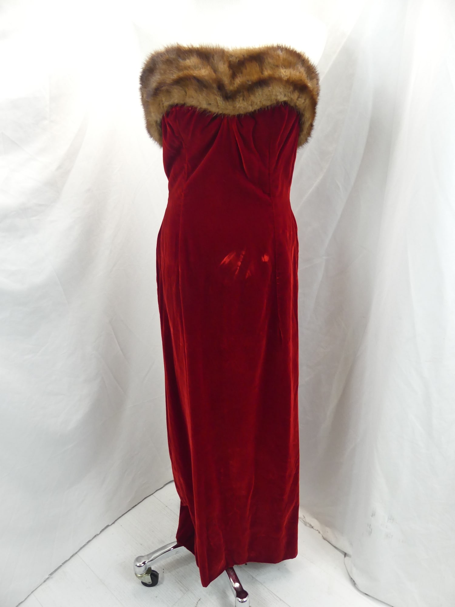 Vintage 1940-50's Red Velvet Gown with Sweetheart Bodice & Mink Trim: approx. 32 bust, 28 waist. Some iron marks, see photos