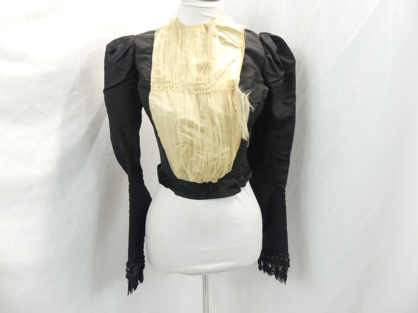 Antique 1800's Black Silk Bodice with Beading & Lace: approx. 28 bust, 20 waist. Some silk fray on yoke, see photo's