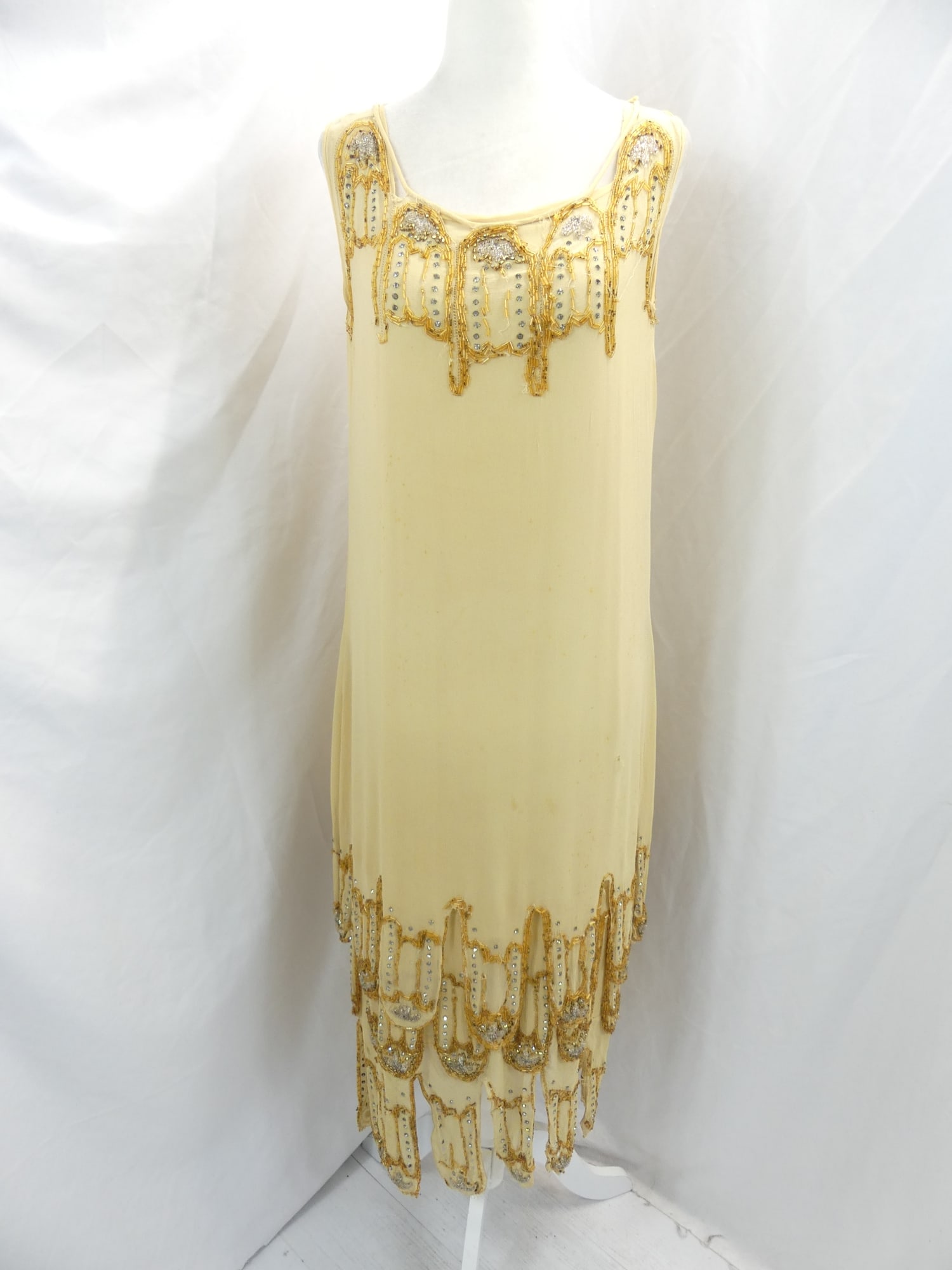 Vintage 1920'sGold Silk Flapper Dress with Beading & Rhinestones: approx. 34 bust & waist. Some missing beads, some holes & stains, see photo's